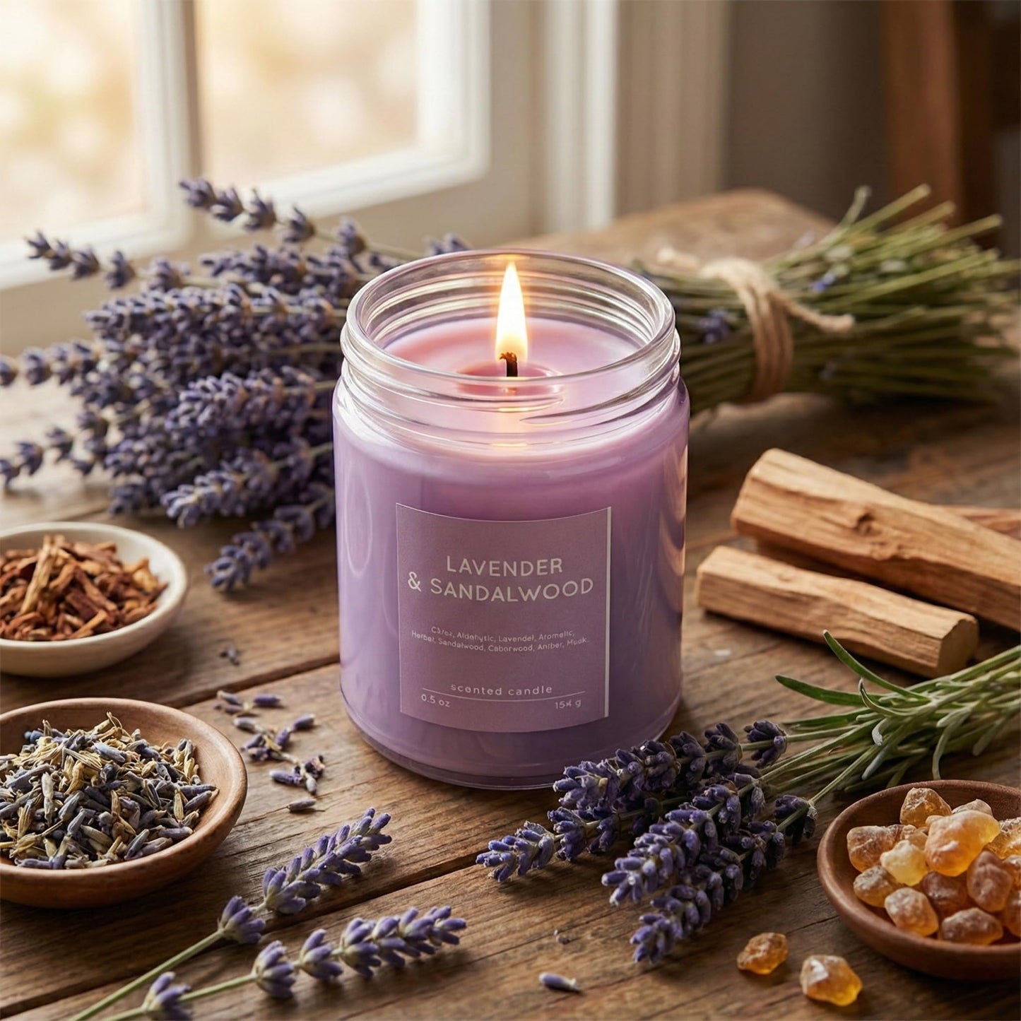 Lavender & Sandalwood Scented Candle 6.5oz – CW Studio Color Glass Jar — Hand-Poured Soy & Paraffin Wax – Clean Burn, Smokeless, Up to 30 Hours, Home Decor & Gift Giving