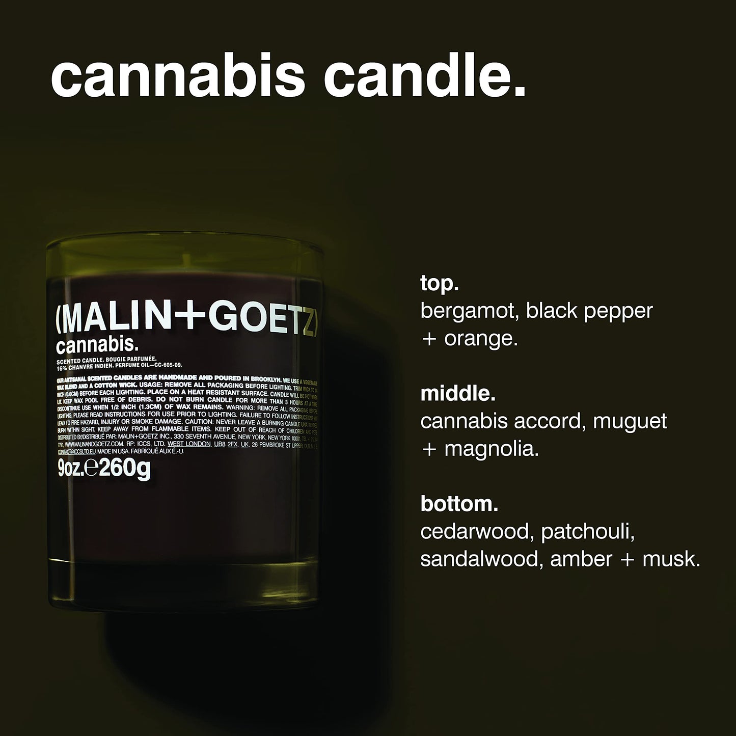 MALIN+GOETZ Cannabis Candle, 9 oz. – Rich & Earthy Aroma Fragrance Scented Candle, Natural Wax Blend, Vegan & Cruelty Free, Single Wick Candle, Lasts 60 Hours