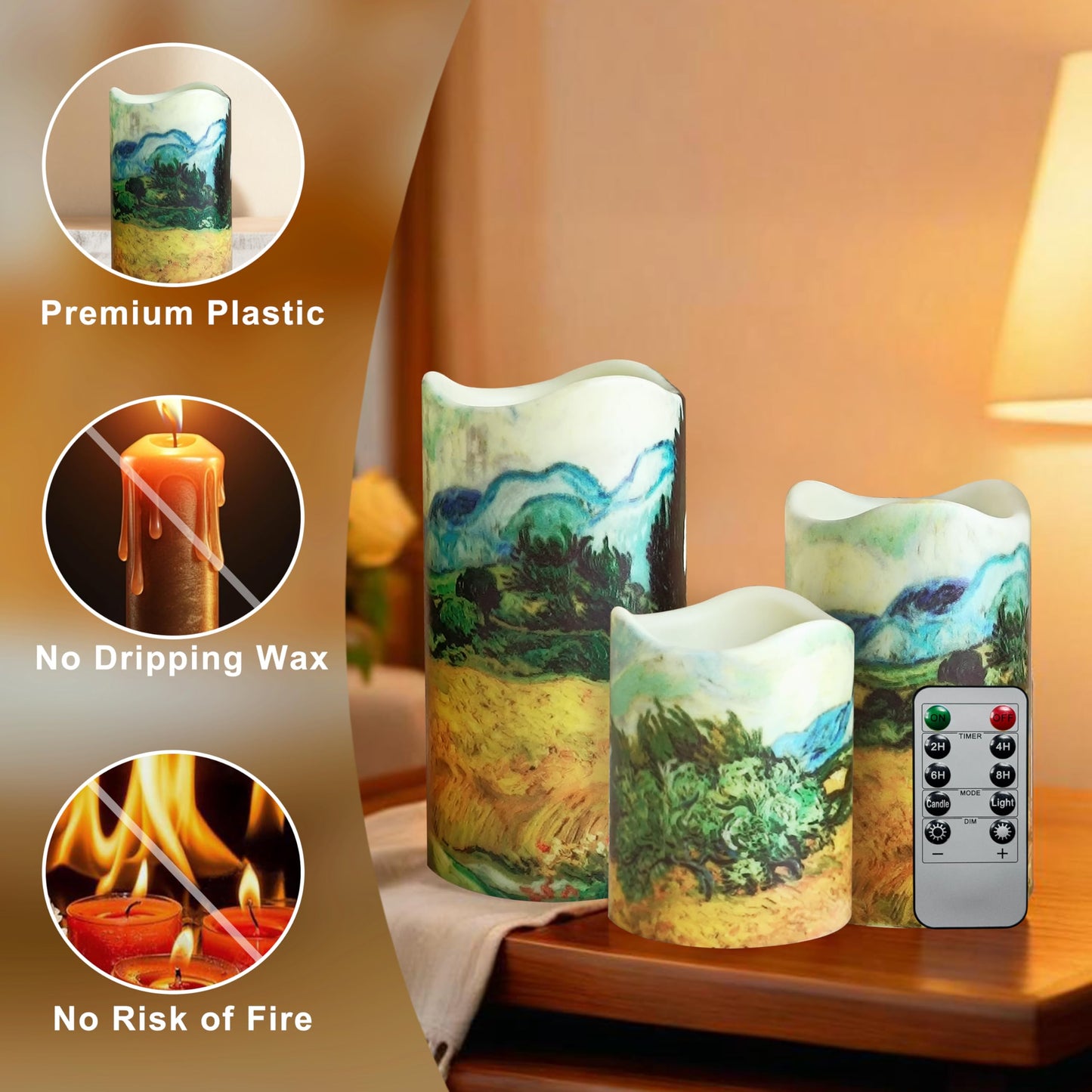 NjaoHoo Flameless Candles 4" 5" 6" Set of 3 Indoor Outdoor Pillars Battery Operated Flickering Candles 10-Key Remote Timer Van Gogh Art Painting Style(Wheat Fields Printed)