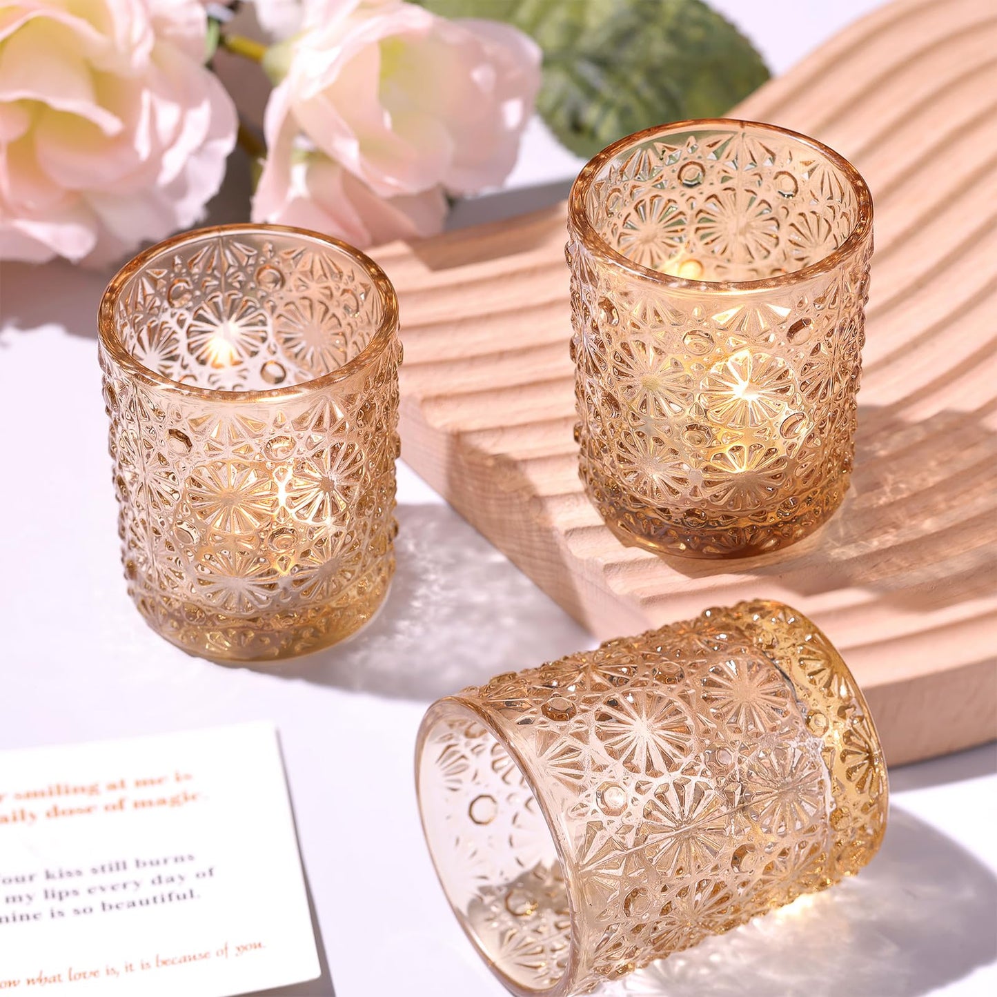 Lanttu 12 Pack Gold Votive Candle Holders, Flower Tea Lights Candles Holders for Wedding Table Centerpieces, Birthday Parties, Anniversary, Bridal Shower and Holiday Decorations
