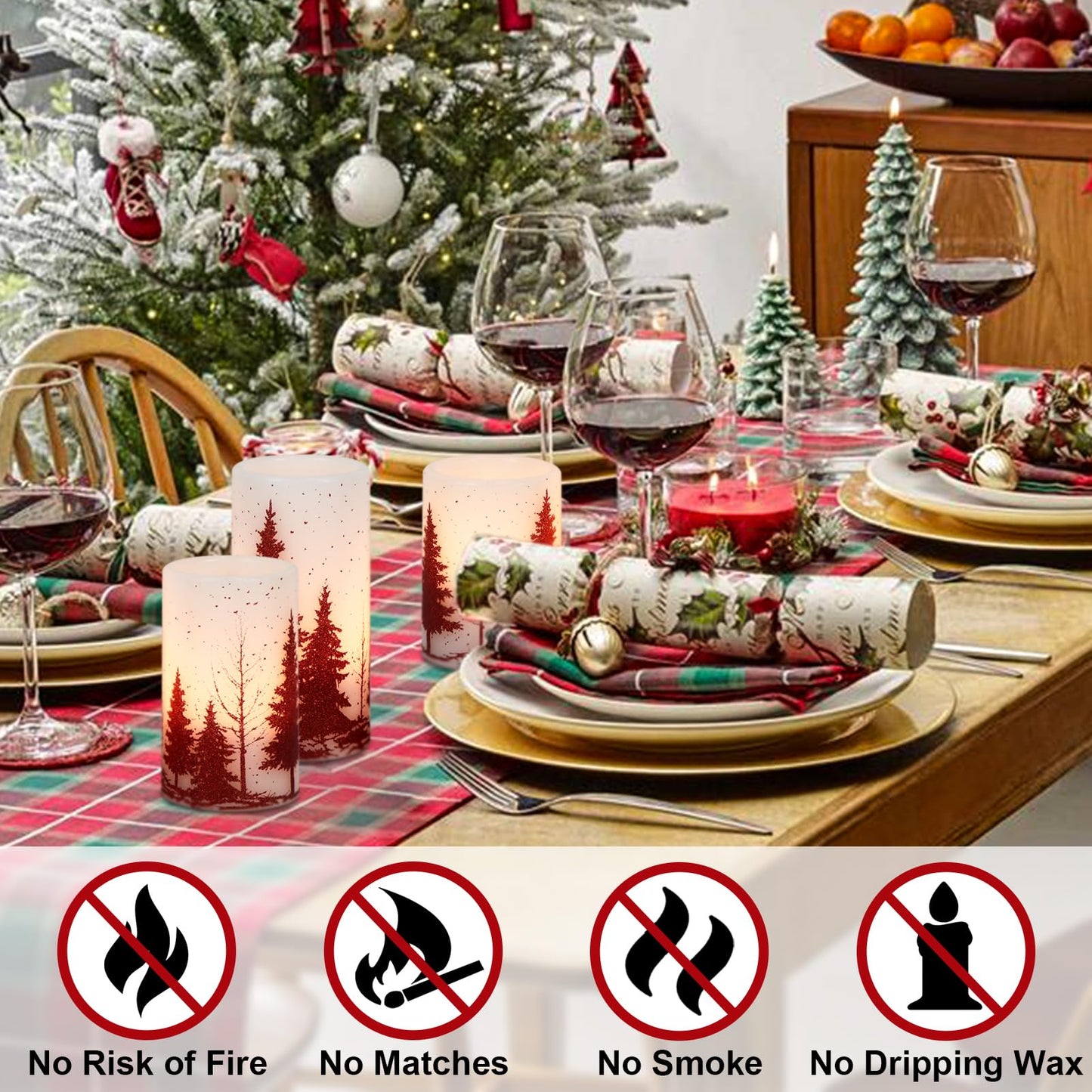 Wondise Flickering Flameless Candles with Timer, Battery Operated Real Wax Warm Light Red Christmas Tree Decal Candle for Home Decoration Christmas Gifts, Set of 3(D3 x H4/5/6 Inch)
