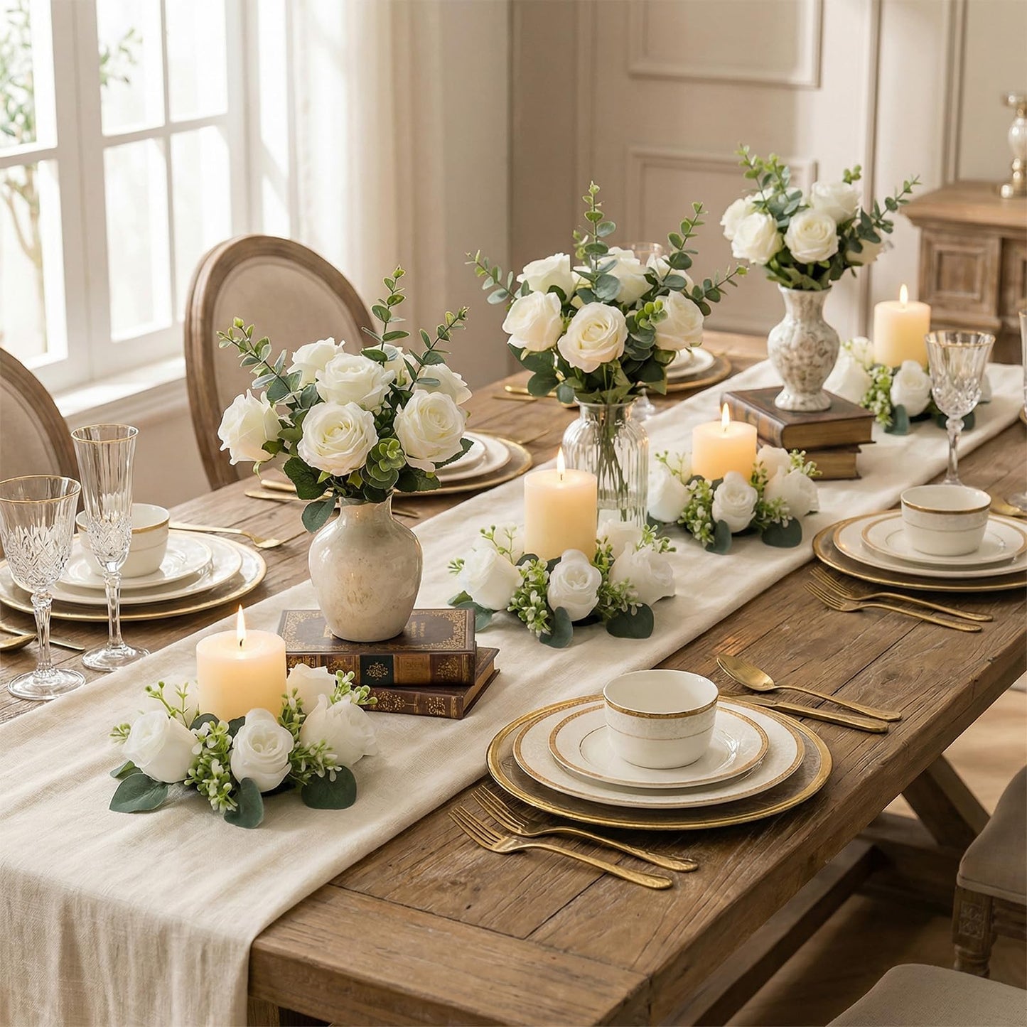 A Set of 6 White Rose Candle Wreath Rings with Artificial Floral Candle Holders and Wreaths, Ideal for Wedding Centerpieces for Tables, Party Candle Arrangement Setups