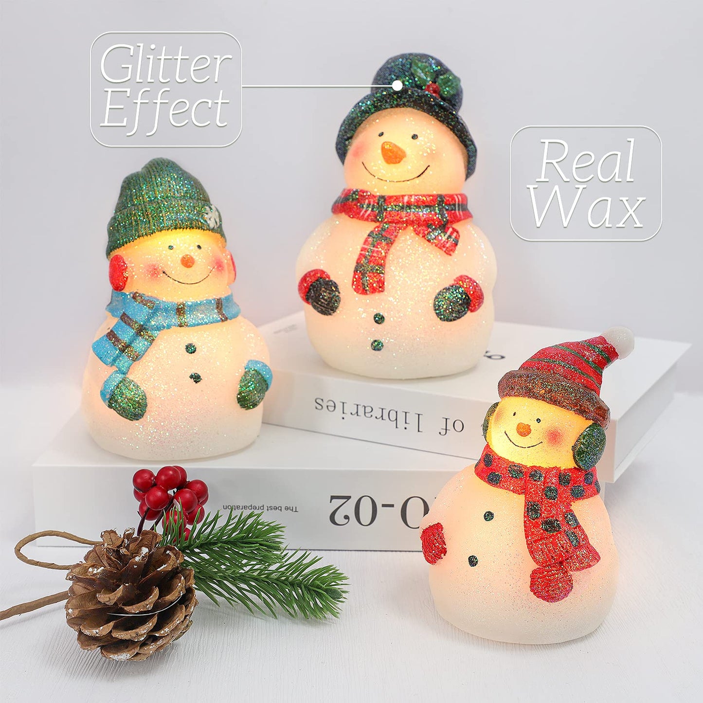 Crystal Club Christmas Flameless Candles, Set of 3 Santa Snowman Real Wax Candles, Battery Operated LED Candles with Remote and Timer for Christmas Tree, Holiday Home Décor (Red)