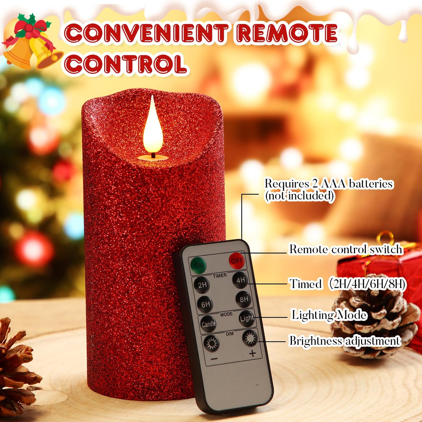 Retisee Set of 3 Valentines Glitter Flameless Candles, 4" 5" 6" Burgundy Red Operated Battery Pillar Candles Flickering Real Wax LED Candle with Remote and Timer for Valentines Home Table Centerpiece