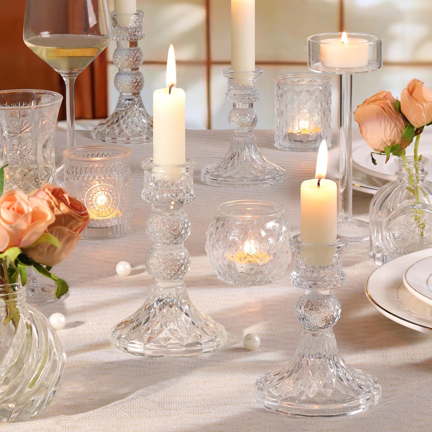 DARJEN Clear Glass Candlestick Holders Set of 6, 4" H & 5" H Taper Candle Holders for Candlesticks & Pillar Candles, Diamond Candle Holders for Wedding Party Table Centerpiece, Home Decor