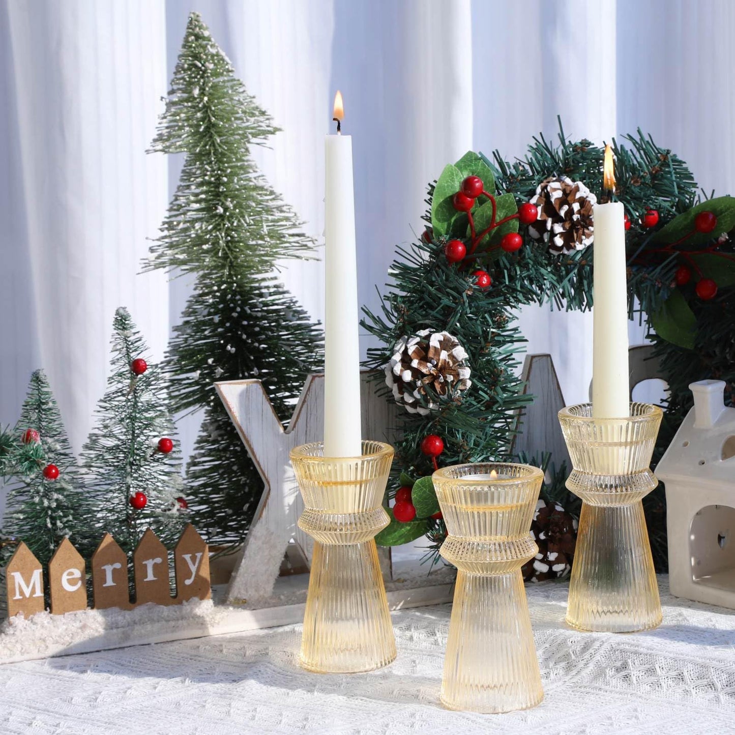 VOHO Gold Candlestick Holders for Holiday Decor, Set of 3 Ribbing Glass Taper Candle Holders Classy for Wedding Christmas Table Centerpieces, Gold Candle Holders for Candle Sticks & Tealight Candles