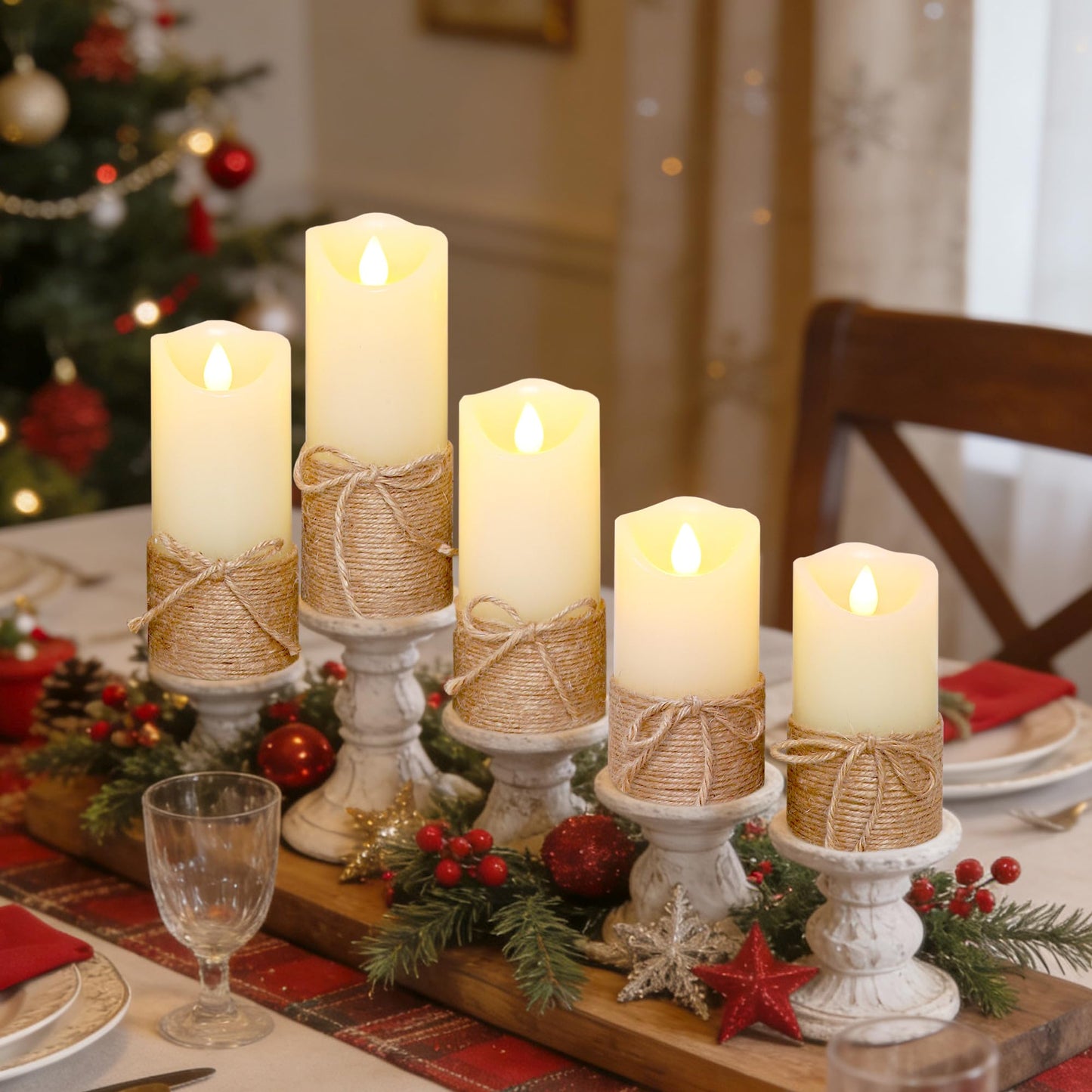 Crystal Club Flameless Candles Flickering with Timer, Set of 5 Battery Pillar Candles with Hemp Rope, Realistic Wax Candle Lights for Summer Party Home Table Décor