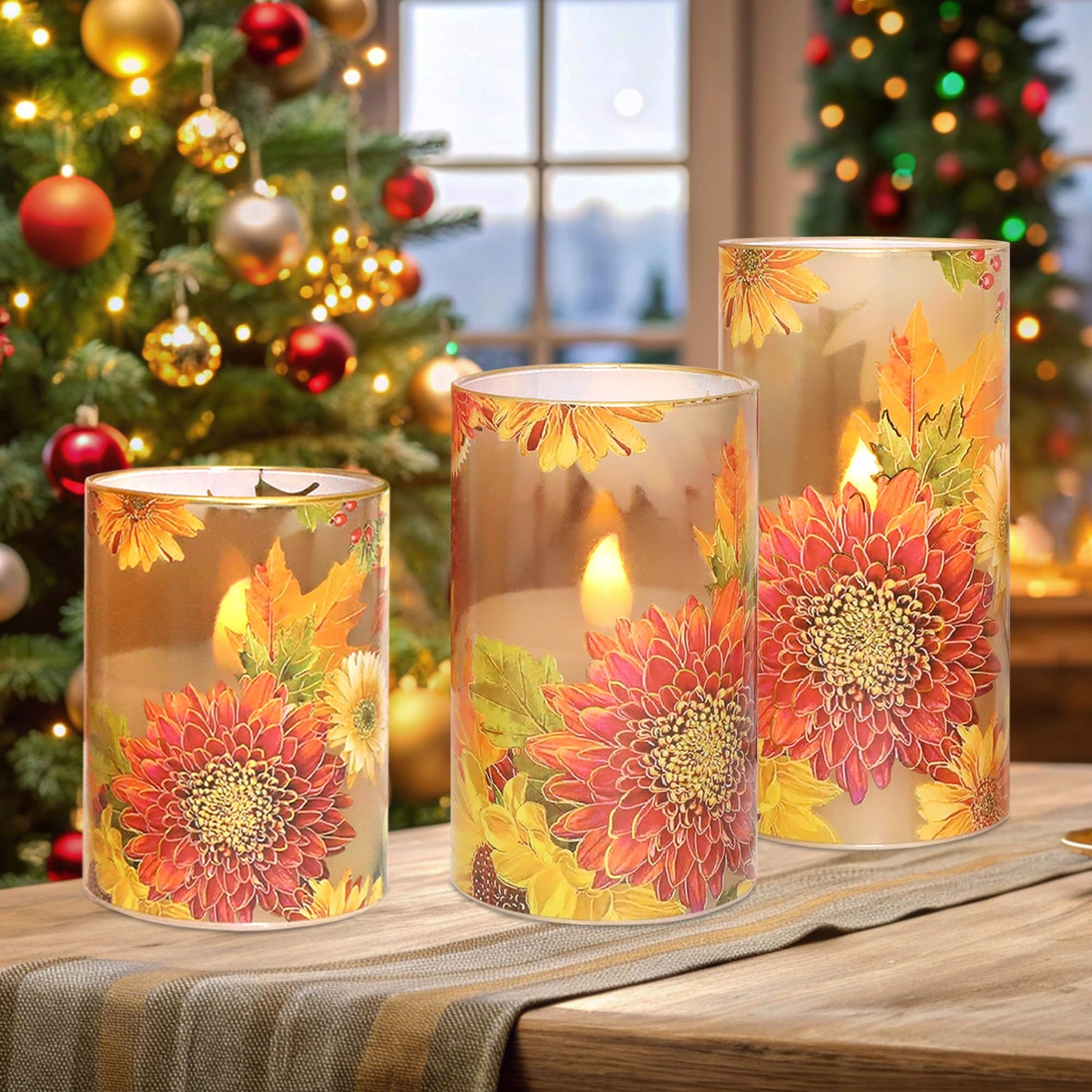 Silverstro Flameless Candles Chrysanthemum Decal with Remote & Timer - Real Wax Flickering Battery Operated Candles - Home Farmhouse Holiday Spring Decorations - Set of 3