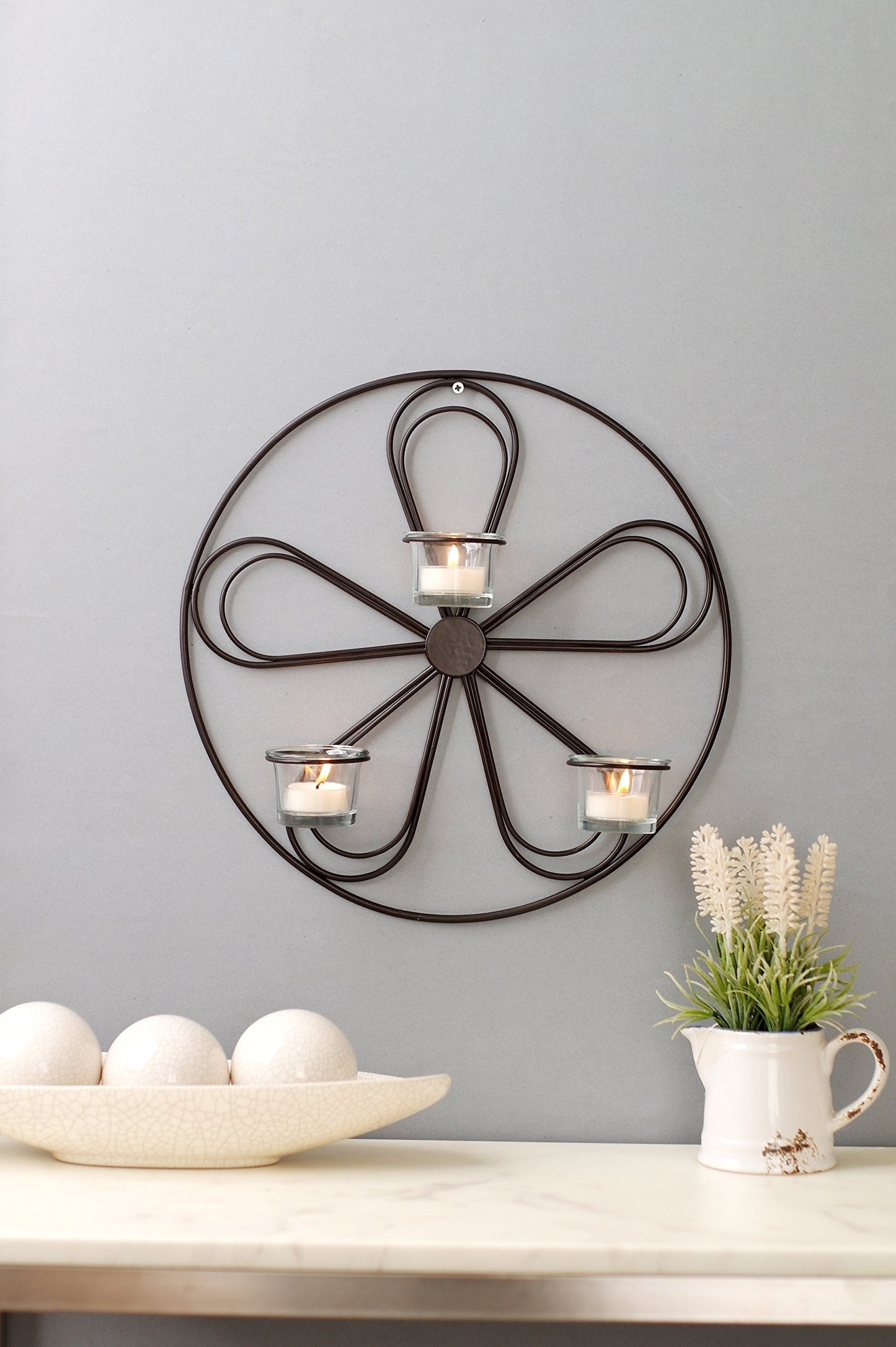 Hosley Large Floral Wall Sconce 13.5 Inch Diameter Tea Light Candle Holder LED Farmhouse Ideal Gift for Weddings, Special Occasions, and for Wall Decor, Home, Spa, Aromatherapy, Reiki.