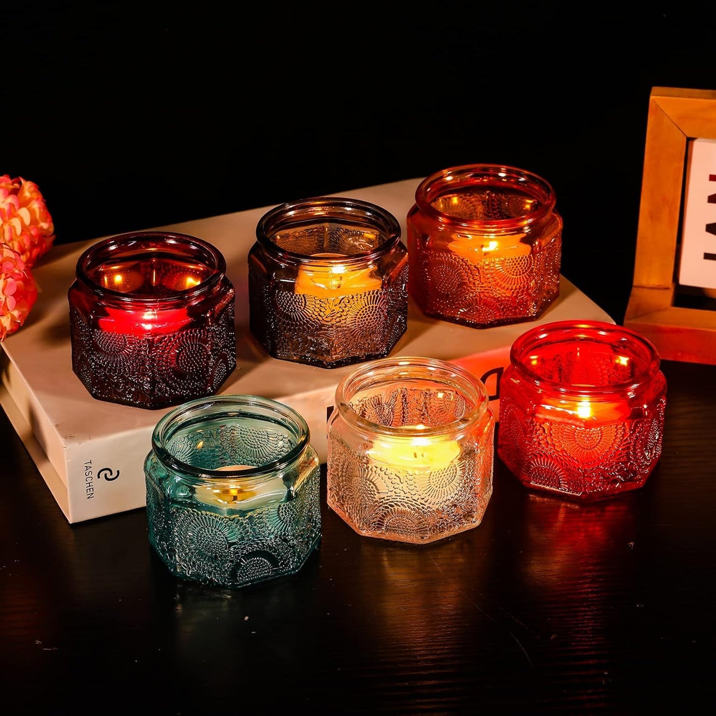 Set of 6 Glass Tea Light Candle Holders with Lid Colored Tea Lights Candles Holders Table Centerpieces for Wedding Party, Glass Votive Candle Holders Wedding Centerpieces