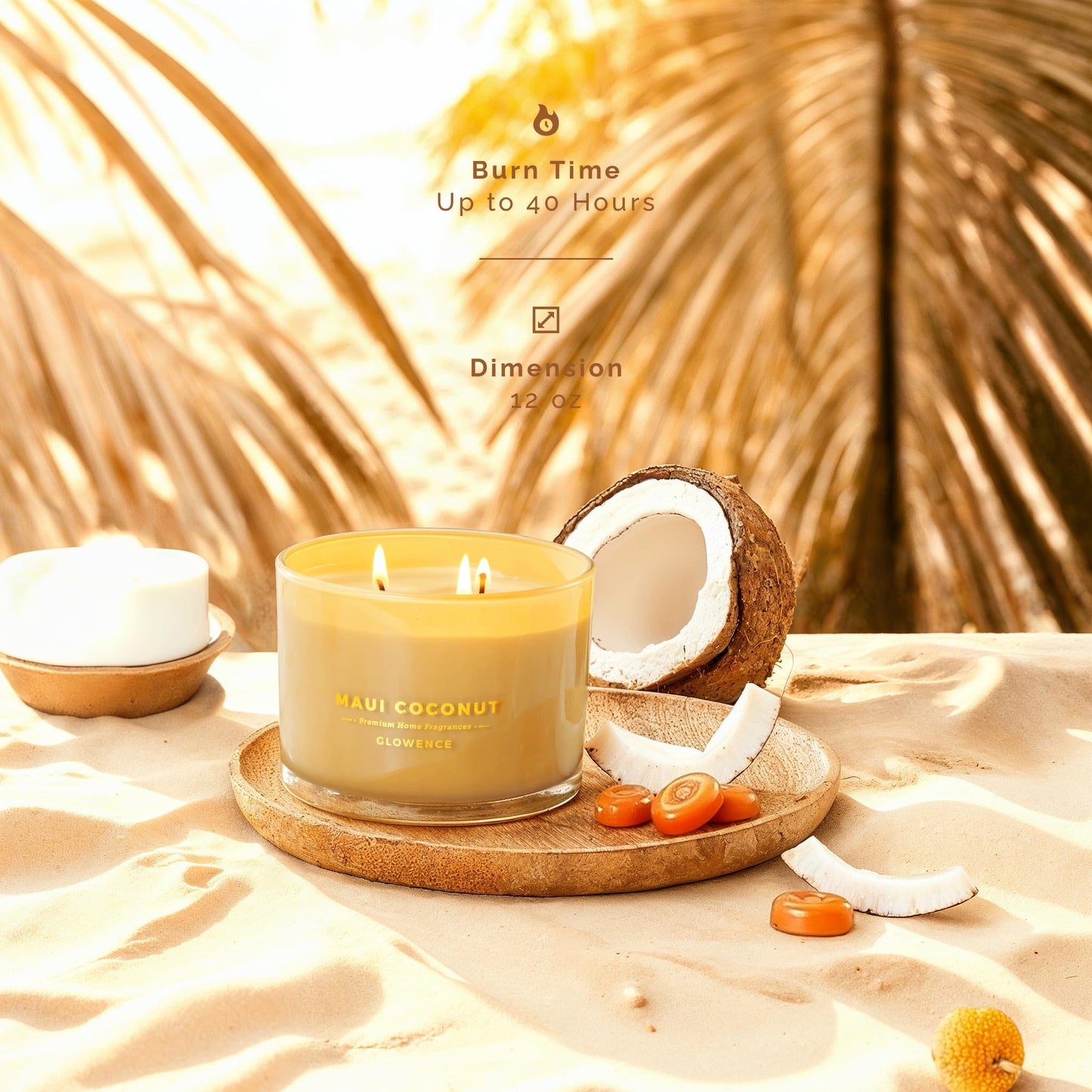 Glowence Luxury Coconut Scented Candle - Large 3 Wick Jar Candle - Elegant Gift for Women & Men - 100% Natural Soy Wax - Up to 40 Hours Burning Time - Housewarming Aromatherapy Candle for Home