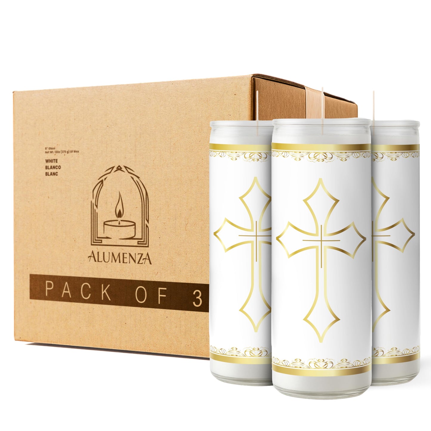Alumenza 3 Pack Santa Cruz Candle in Glass Jar 90 Hours– Paraffin Wax, Clean Burning Unscented | Large & Tall Devotional Prayer Pillar Candles for Home, Memorial, Rituals
