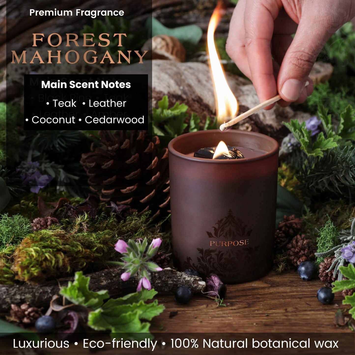 Forest Mahogany Scented Crystal Candle - Luxury Empowerment Candle with Black Tourmaline Crystals - 7.4oz Natural Soy, Coconut & Beeswax Wood Wick Candles for Men