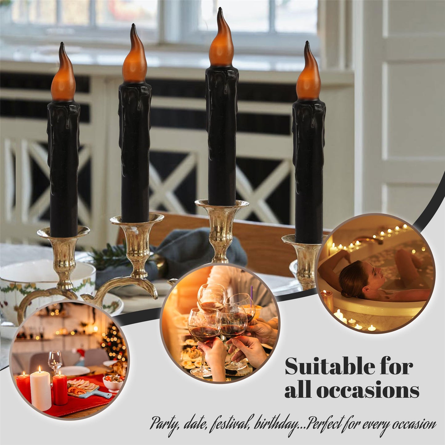 Gedengni Black Candlesticks Flameless Taper Candle, 4pcs Real Wax LED Tapered Candles Remote Dipped Candle 6inches Battery Chandelier for Enchanting Weddings Harry Potter Inspired Vigils,B