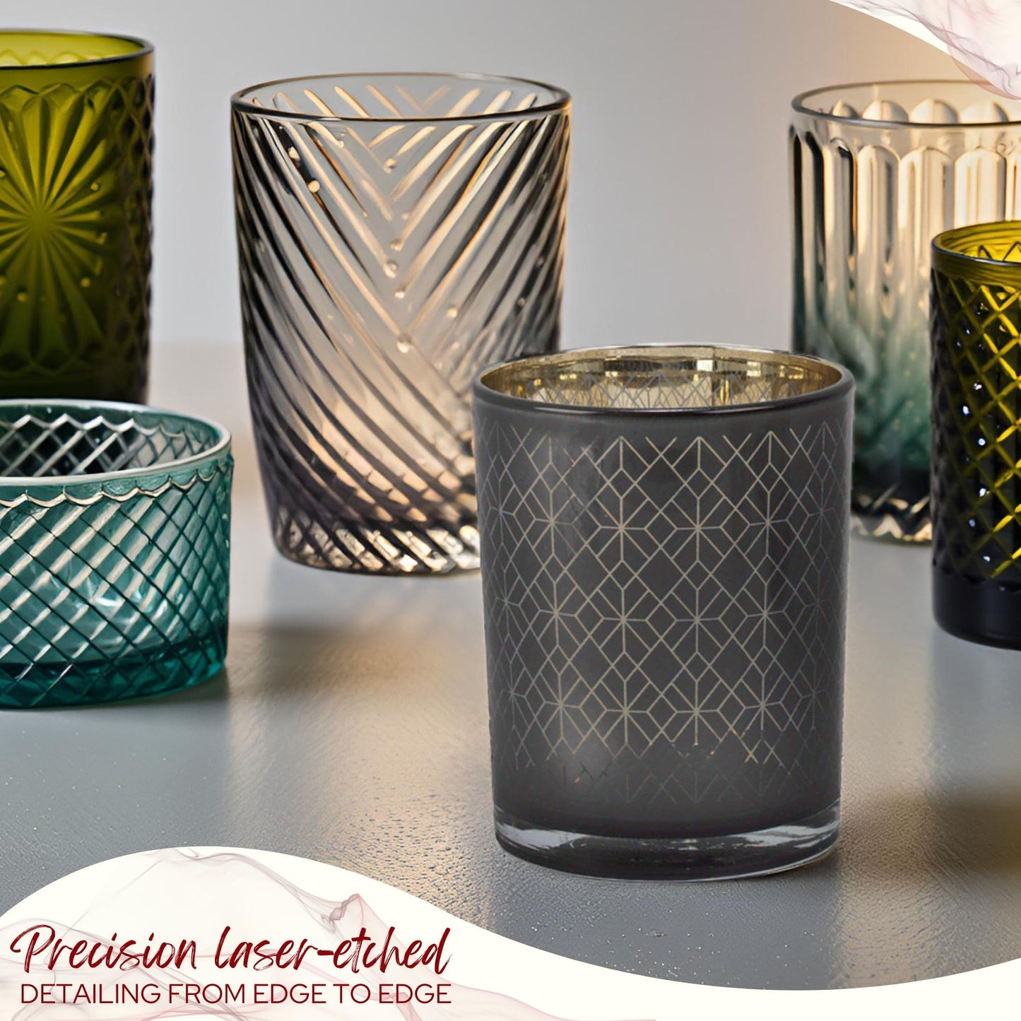 Biedermann & Sons Geometric Glass Candle Holders (Set of 4), Silver Gray with Gold Interior, 4 Inch Diameter x 5 Inch Tall, Pillar Candle Holder Decor for Tables and Shelves