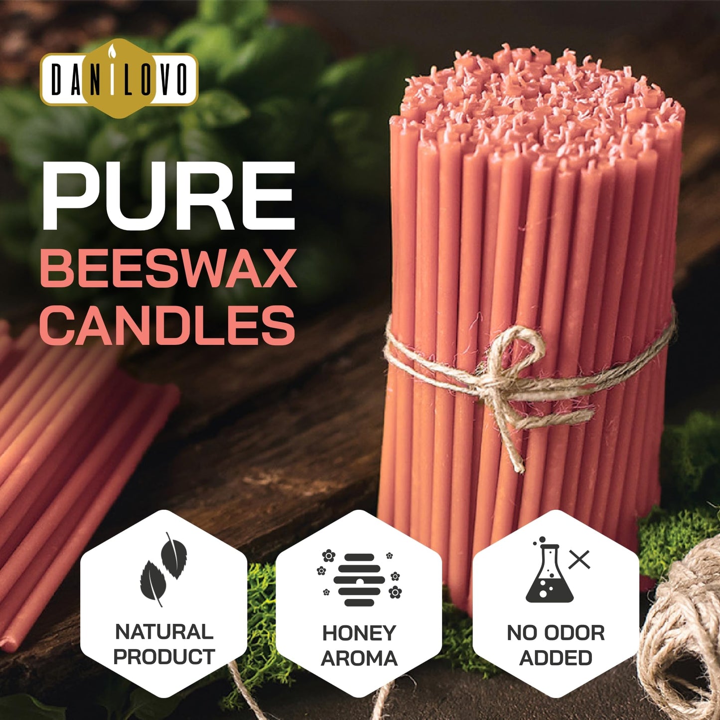 Danilovo Thin Taper Beeswax Candles - Honey-Scented, Decorative Candles Ideal for Birthday Decoration or Church Prayers - Pink Drip Free, Tall & Smokeless Pack of 50 pcs, 6.4 x 0.22 inch