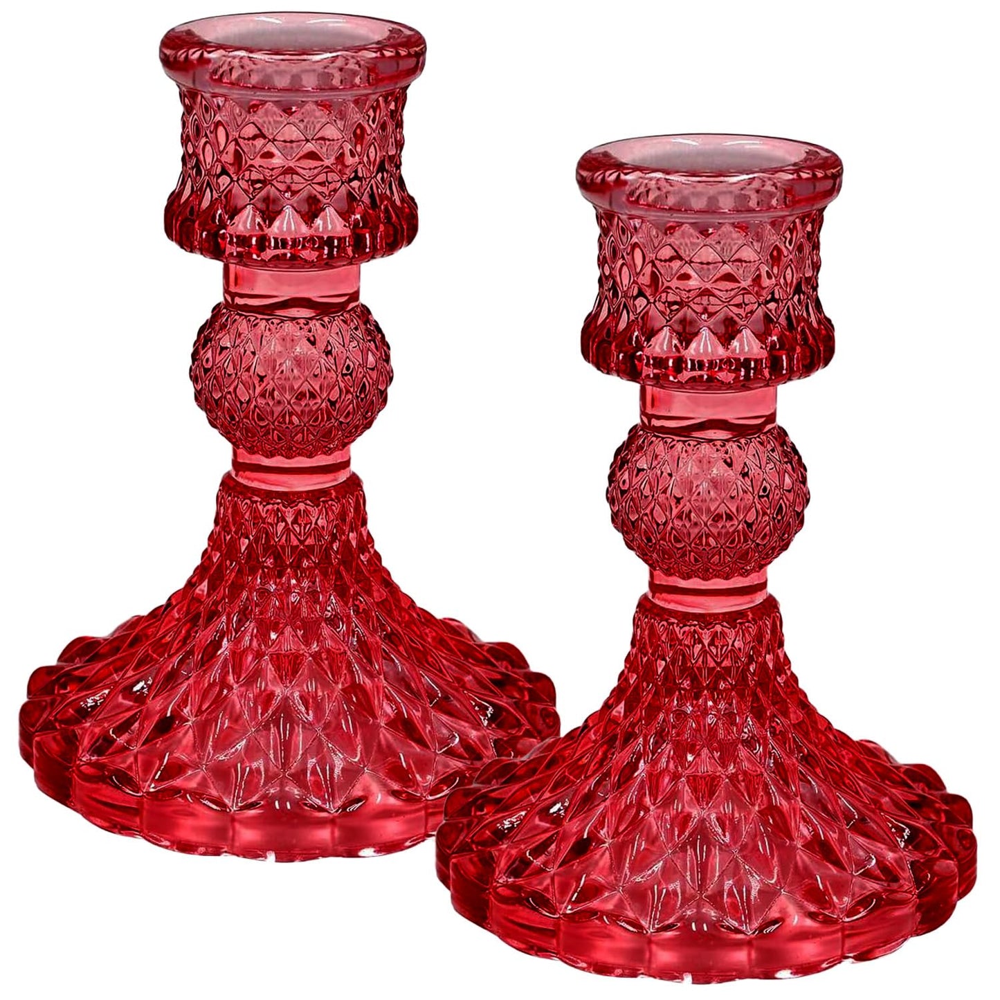 Glass Candlestick Holders Set of 2，Taper Candle Holders Fit 0.8 Inch Candles, Crystal Decorative Candle Stand Centerpiece for Table Wedding Dinning Party 4 Inch Tall (Red)