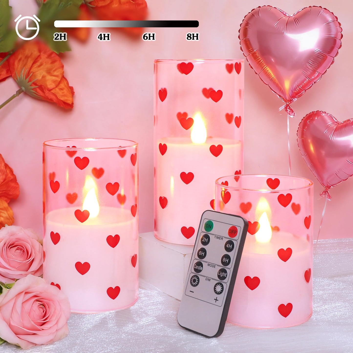 Valentines Flameless LED Pillar Candles, Battery Operated Red Heart Candles, Glass Pink Candles for Woman Gifts and Home Decor