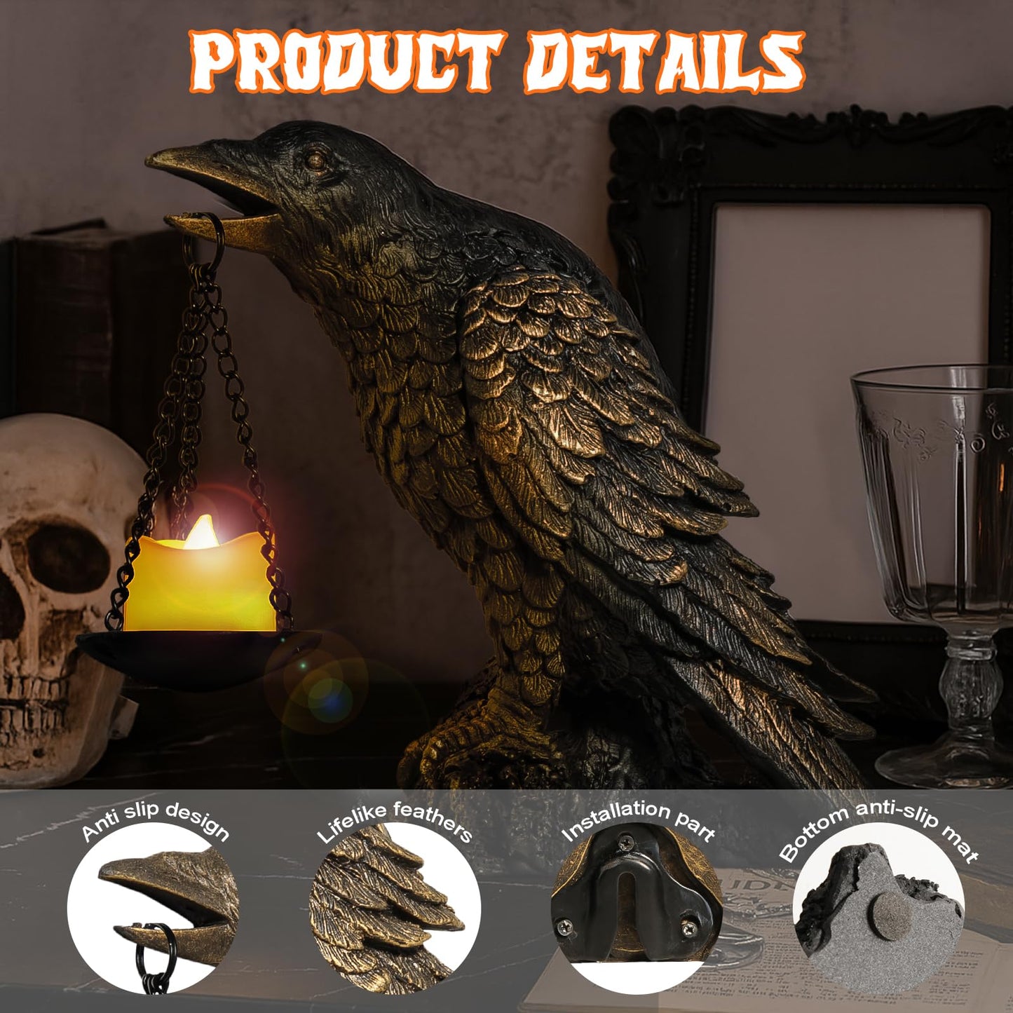 Gothic Crow Wall Art Decor Outdoor Wall Sconce Raven lamp Table Candle Holder Halloween Wall Decor for Patio Garden Bedroom Resin Tealight Statue Wearing Gold