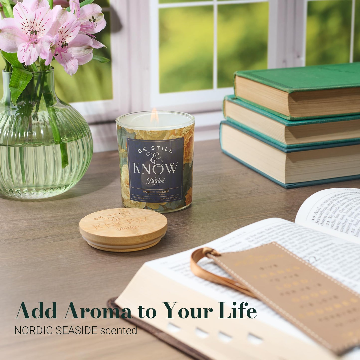 Christian Art Gifts Soy Wax Scented Candle: Be Still & Know Bible Verse, Nordic Seaside Scent, Pure Essential Oils, 4.5 oz, Up to 20 Hours Burn Time, Glass Jar w/Bamboo Lid, Women's Encouragement Gift