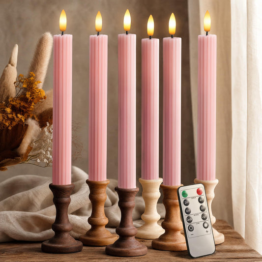 West Ivory 6 Pack, 10" LED Flameless Dusty Rose Fluted Ribbed Grooved Taper Candles, Remote & 24h Timer Memory, On/Off Button, Dimmable, Flicker Mode, Battery Operated, Christmas Menorah Wedding