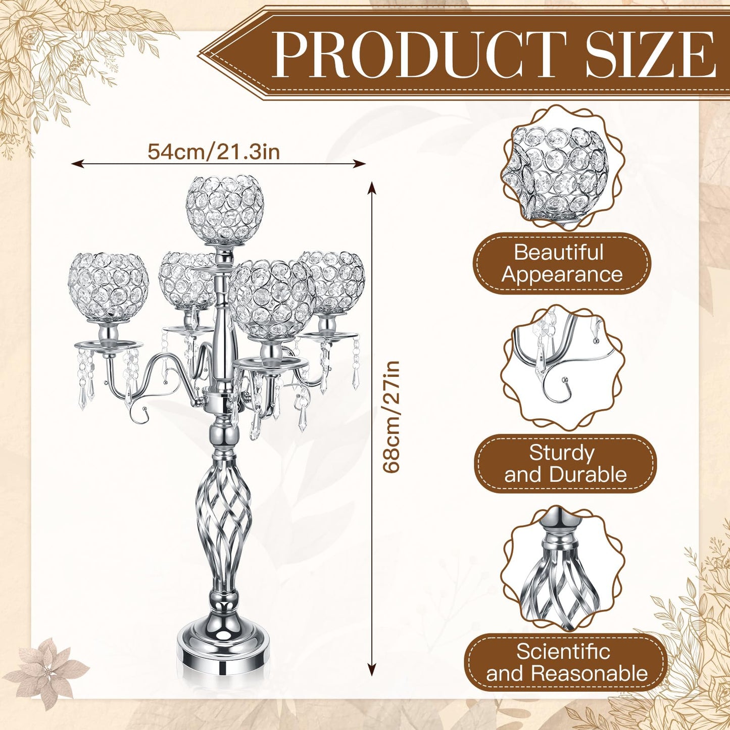 Nitial 4 Pcs 5 Arm Crystal Candelabra Centerpieces for Table 27 Inch Retro Victorian Crystal Candle Holders Bowl Table Centerpieces Decor for Wedding Banquet Valentine Dinner Party Event (Silver)
