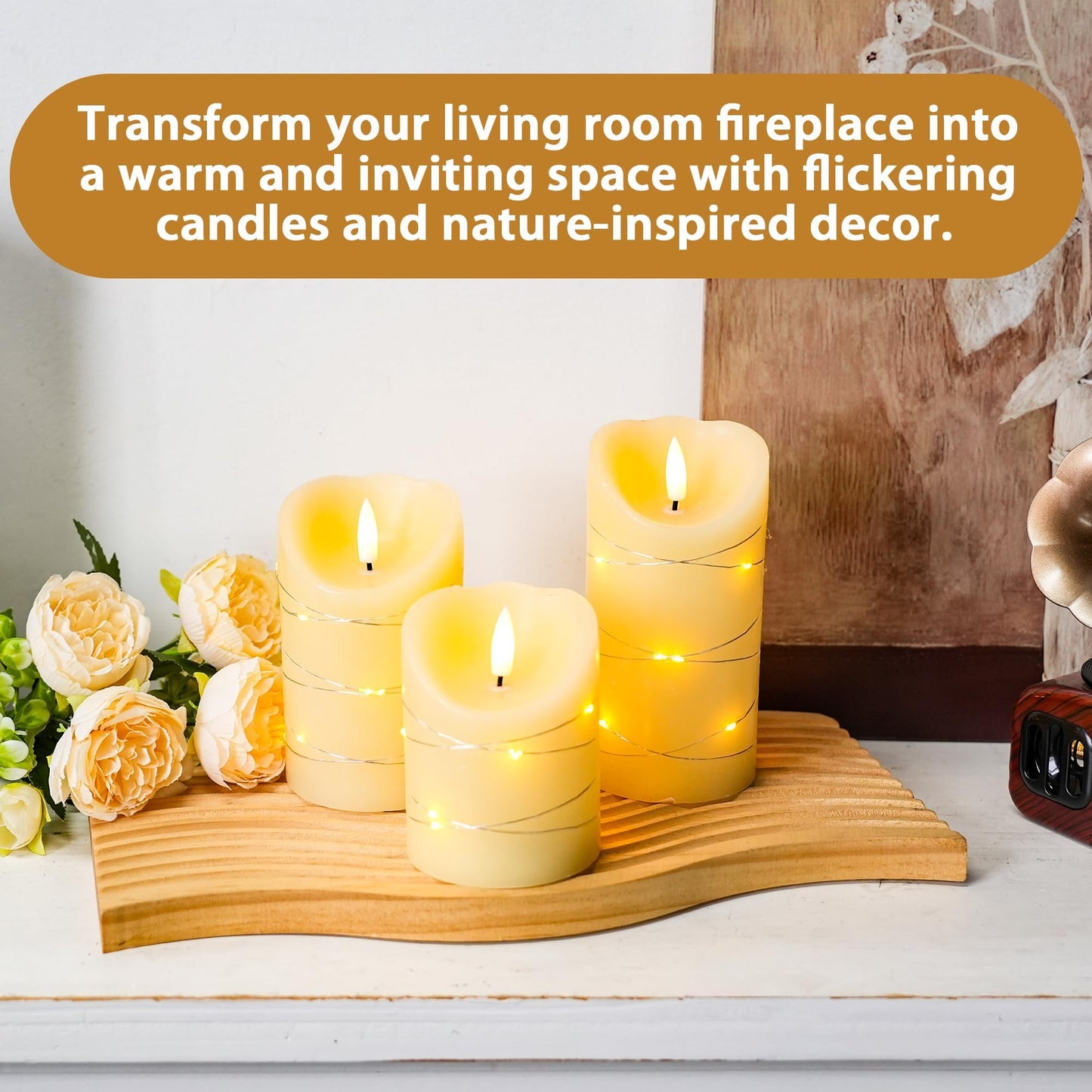 JHY DESIGN Flickering Flameless Candles Real Wax Electric with Embedded String Lights, Battery Operated Pillar LED Candles for Gift, Christmas & Home Decorations, with Remote & Timer, Set of 3(Ivory)