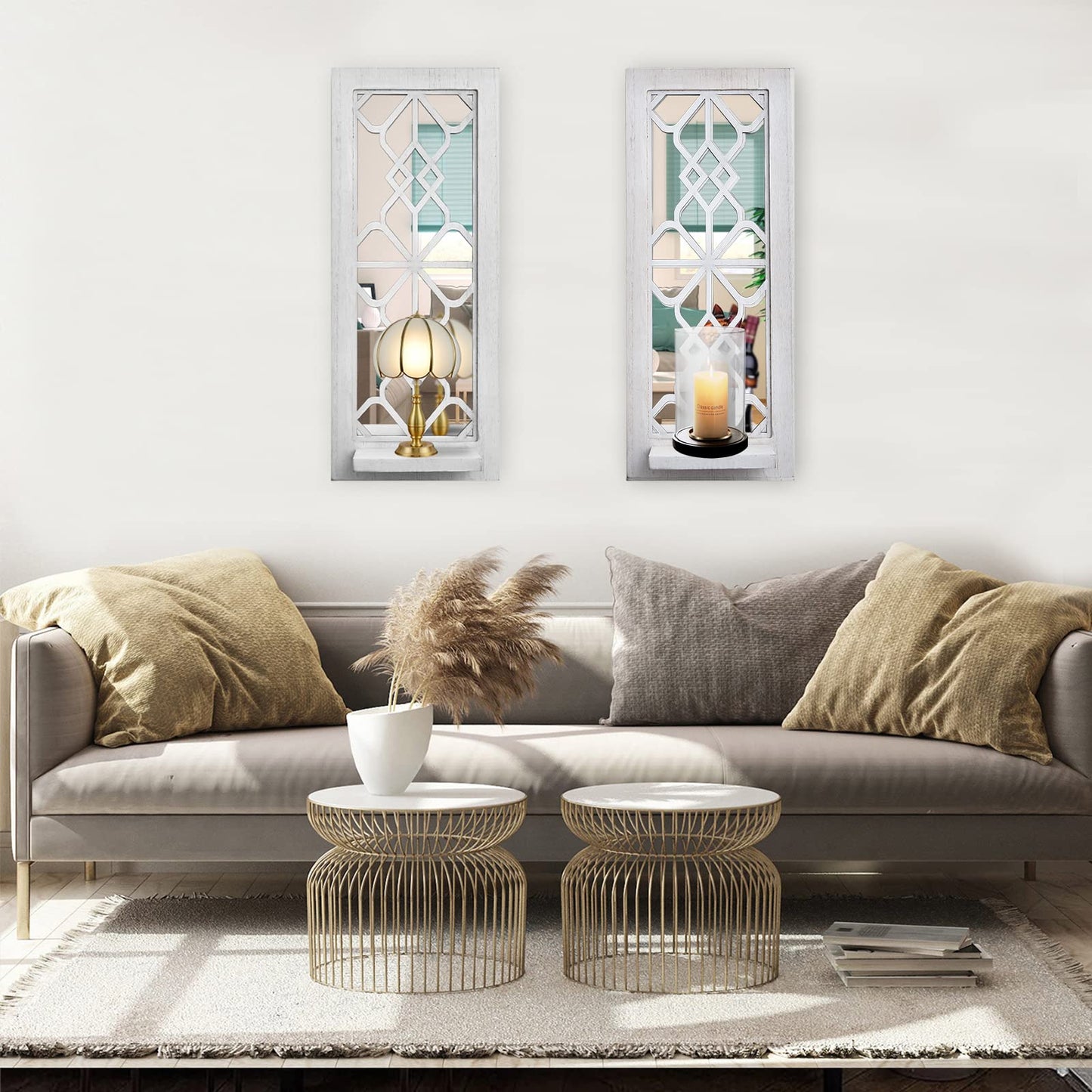 ZEXUIRU 2 Set Rustic Candle Sconces Living Room Bedroom Entryway Wood Mirrored, Farmhouse, Carved Frame Wall-Mount Wooden Candle Holders Wall Decor Hanging Handmade Holder - Distressed White