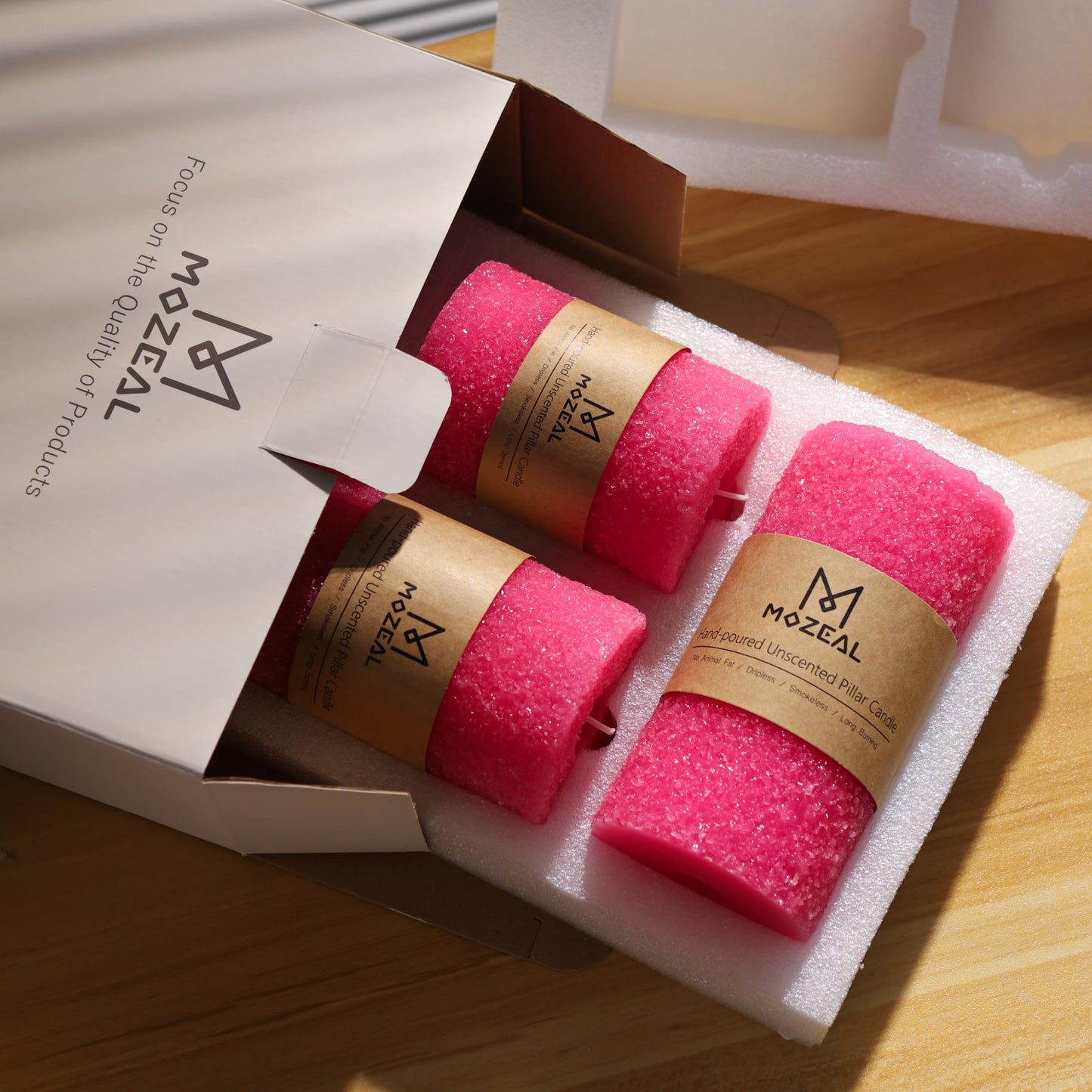 MOZEAL Hand-Poured Granular Texture Decorative Hot Pink Pillar Candles Set of 3 (3"x4", 5", 6"), Dripless, Unscented, Smokeless, for Women Gift, Birthday Party & Playful Valentine’s Décor