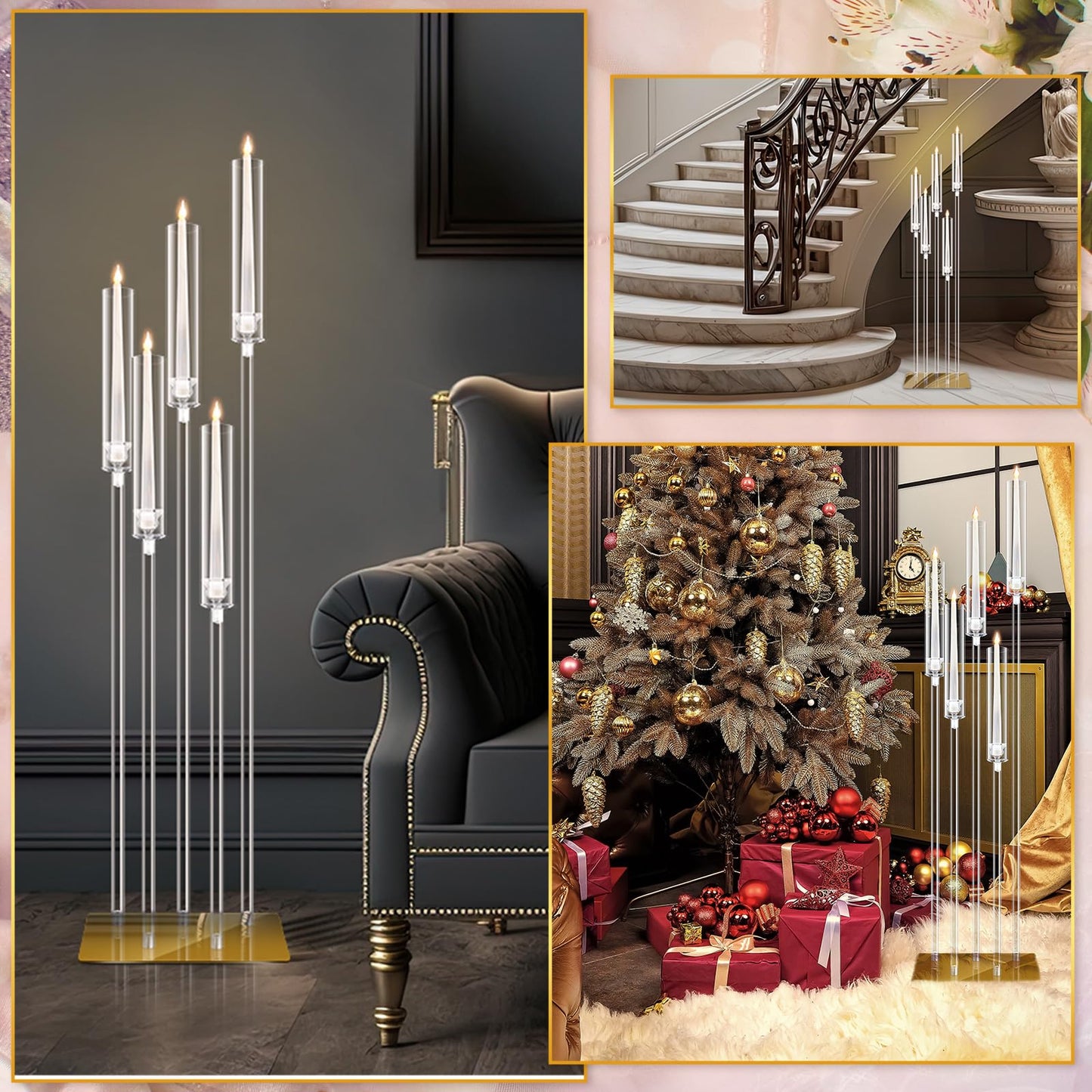 4 Set Floor Candelabra 5 Arm 46.5'' Tall Acrylic Candle Holders Tables Candelabra Centerpieces Wedding Candlestick Set with Clear Lampshade Gold Metal Base for Ceremony Party Home Decoration