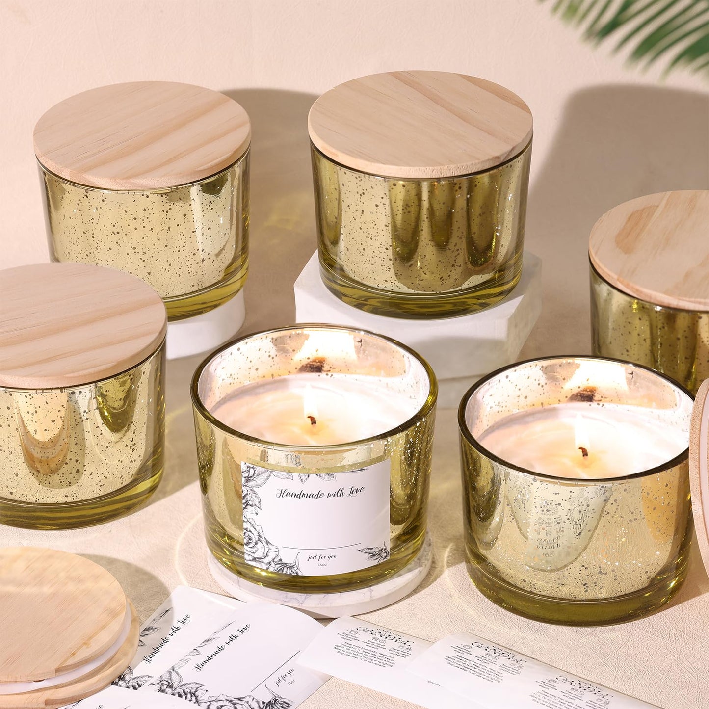 Simeitol 16 OZ Gold Candle Jars for Making Candles 6 Pcs, Glass Candle Jar with Airtight Bamboo Lids - Empty Candle Jars Bulk with Sticky Warning Labels - for Home, Wedding, Christmas Decoration