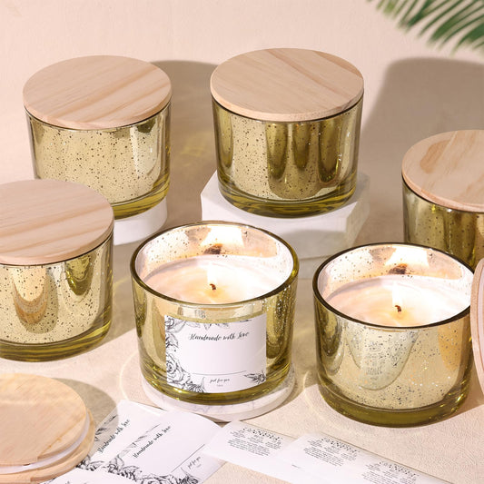 Simeitol 16 OZ Gold Candle Jars for Making Candles 6 Pcs, Glass Candle Jar with Airtight Bamboo Lids - Empty Candle Jars Bulk with Sticky Warning Labels - for Home, Wedding, Christmas Decoration