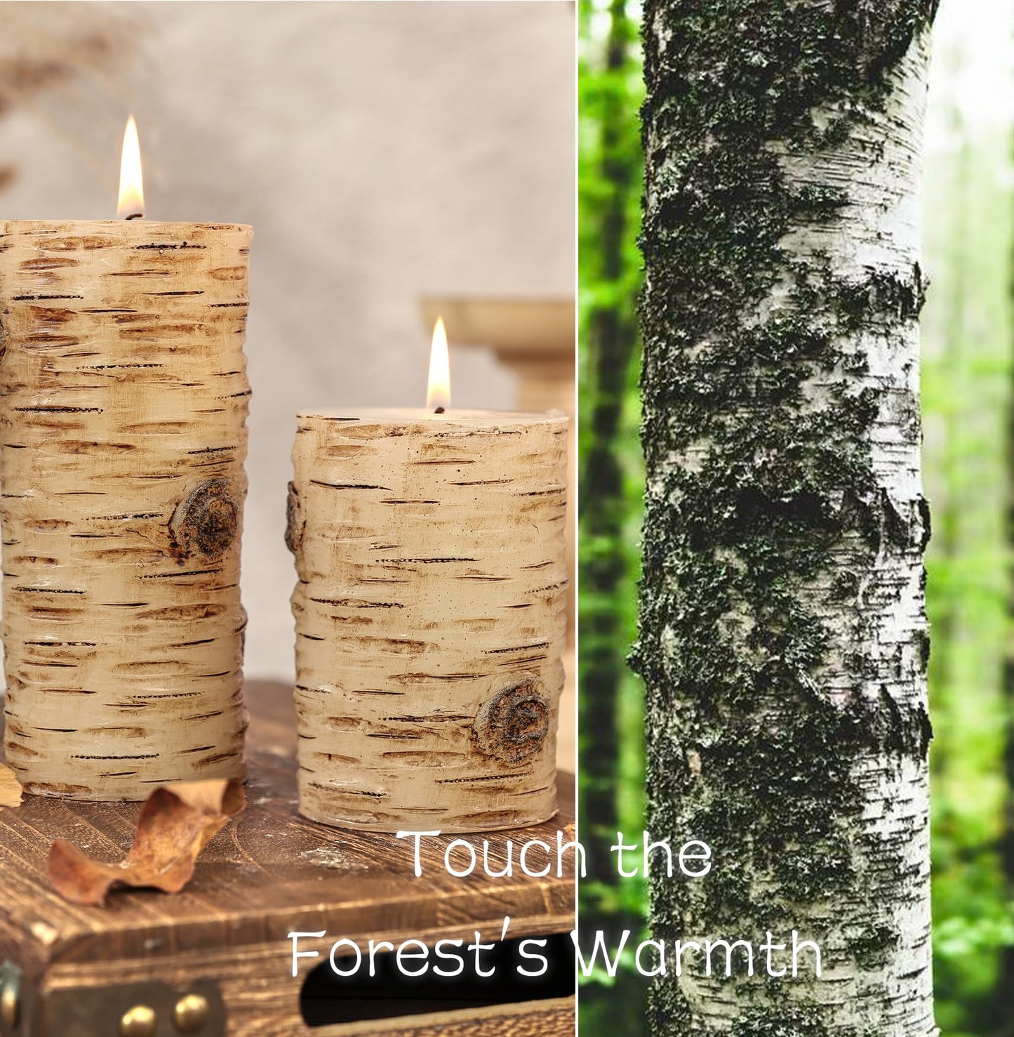 Black Birch Bark Texture Pillar Candles Set - Real Wax 3 Sizes (4", 5", 6" Tall) Rustic Decor Fireplace Candles, Unscented Woodland Style Pillar Candle for Home, Dining Table, Holiday Decor