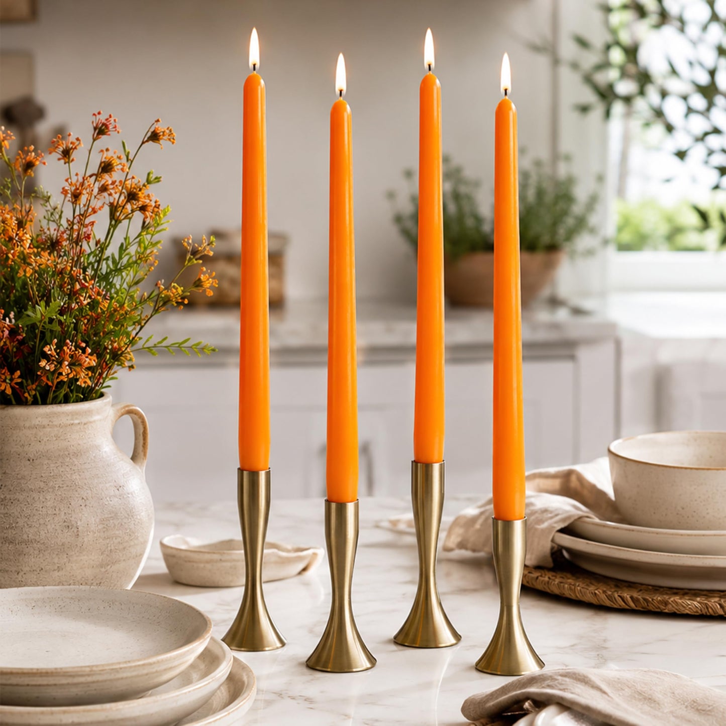 10 Inch Taper Candles Handmade Set of 4 – Unscented Tapered Candles in Orange, Candlesticks Smokeless Candle Sticks for Wedding, Home Decor, and Dinner Table