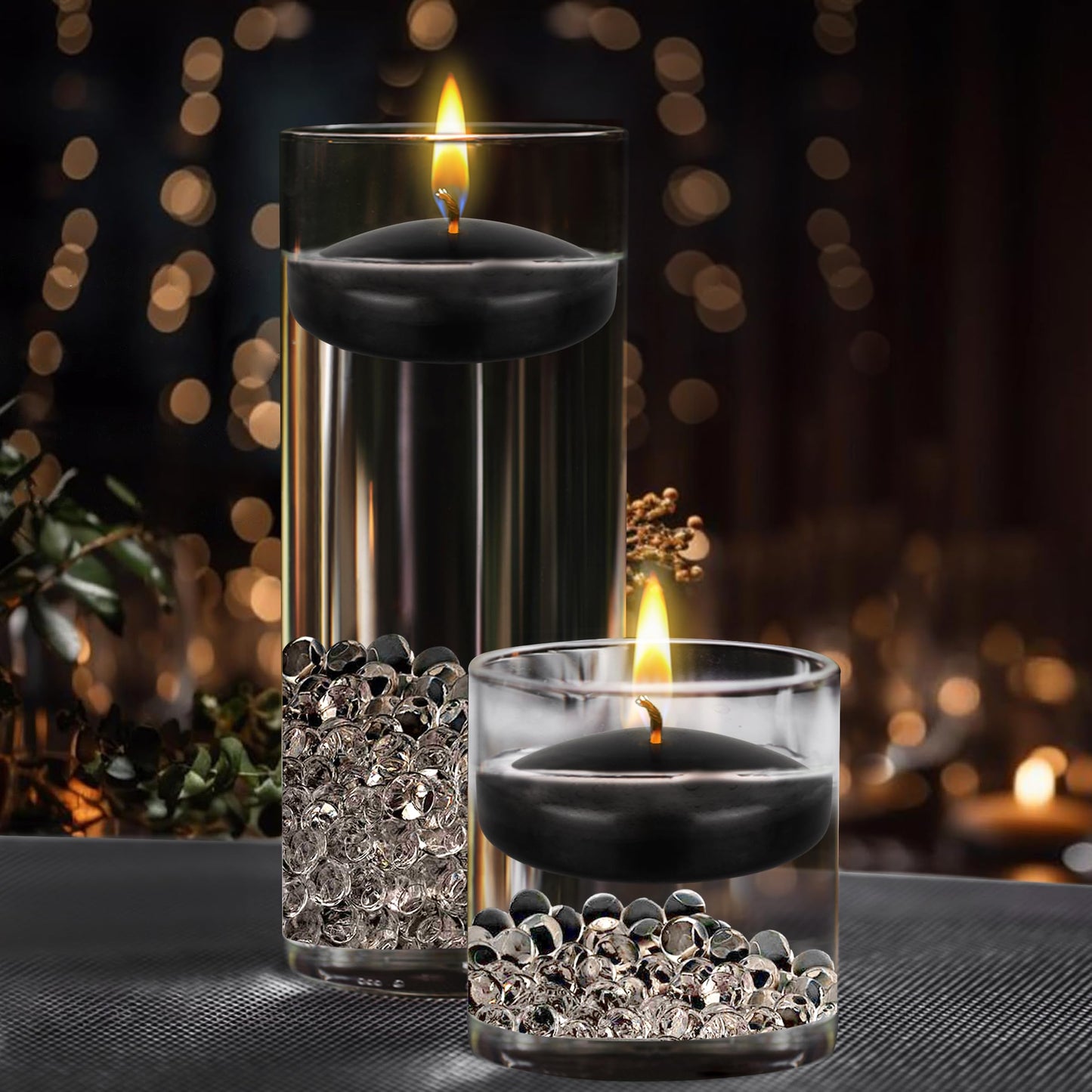 Mega Candles 4 pcs Unscented Black Floating Candles, Hand Poured Wax Candle 3 Inch Diameter, Home Décor, Wedding Receptions, Occasions, Festivities, Events, Meditations, Tranquility, Spa