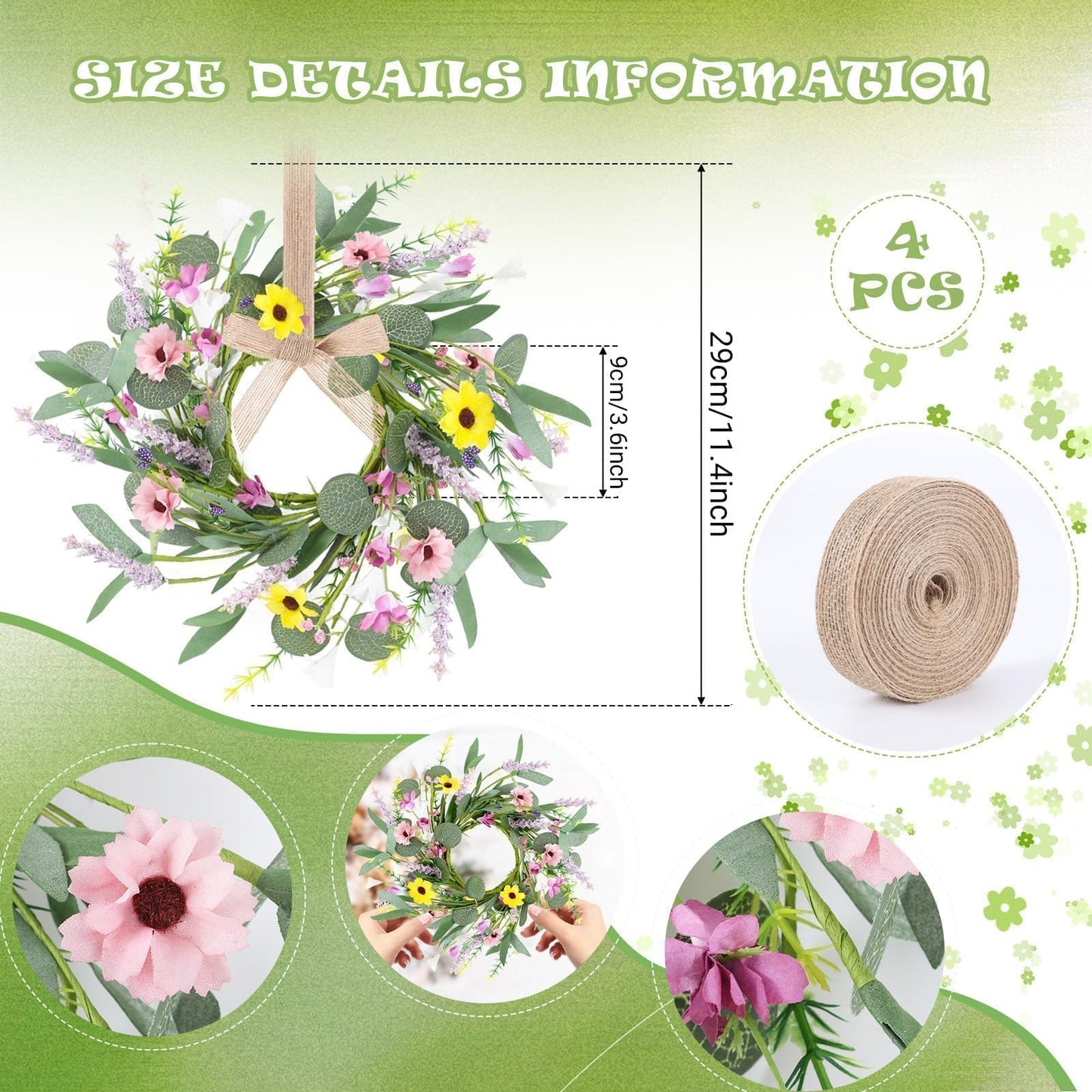4 Pcs 9" Mini Spring Summer Flowered Wreath Floral Wedding Candle Rings Wreaths Kitchen Cabinet Wreaths with Ribbon for Pillars Wedding Table Centerpiece Farmhouse Party Home Door All Seasons Decor