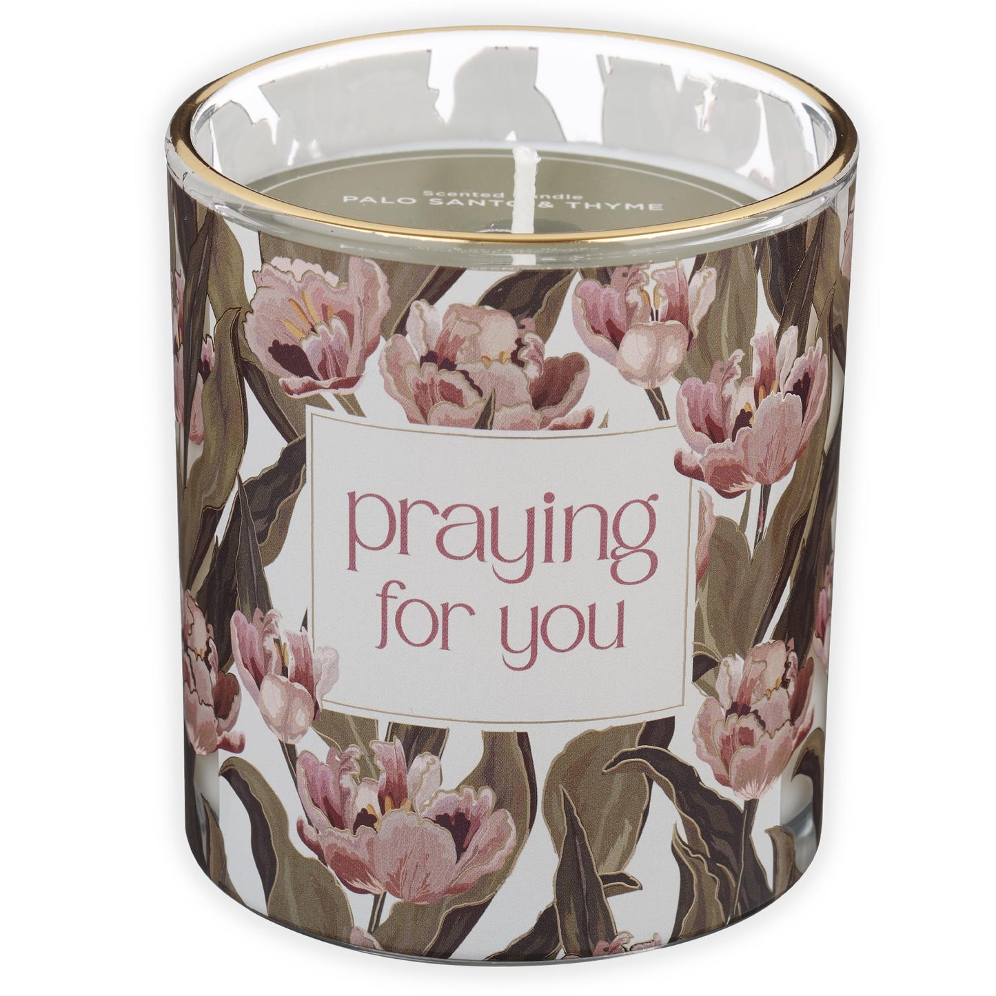 Christian Art Gifts Praying for You Scented Candle: Soy Wax, Pure Essential Oils, Palo Santo & Thyme Scent, Floral Design Glass Jar, Encouragement Gift for Women, 40 Hours Burn Time