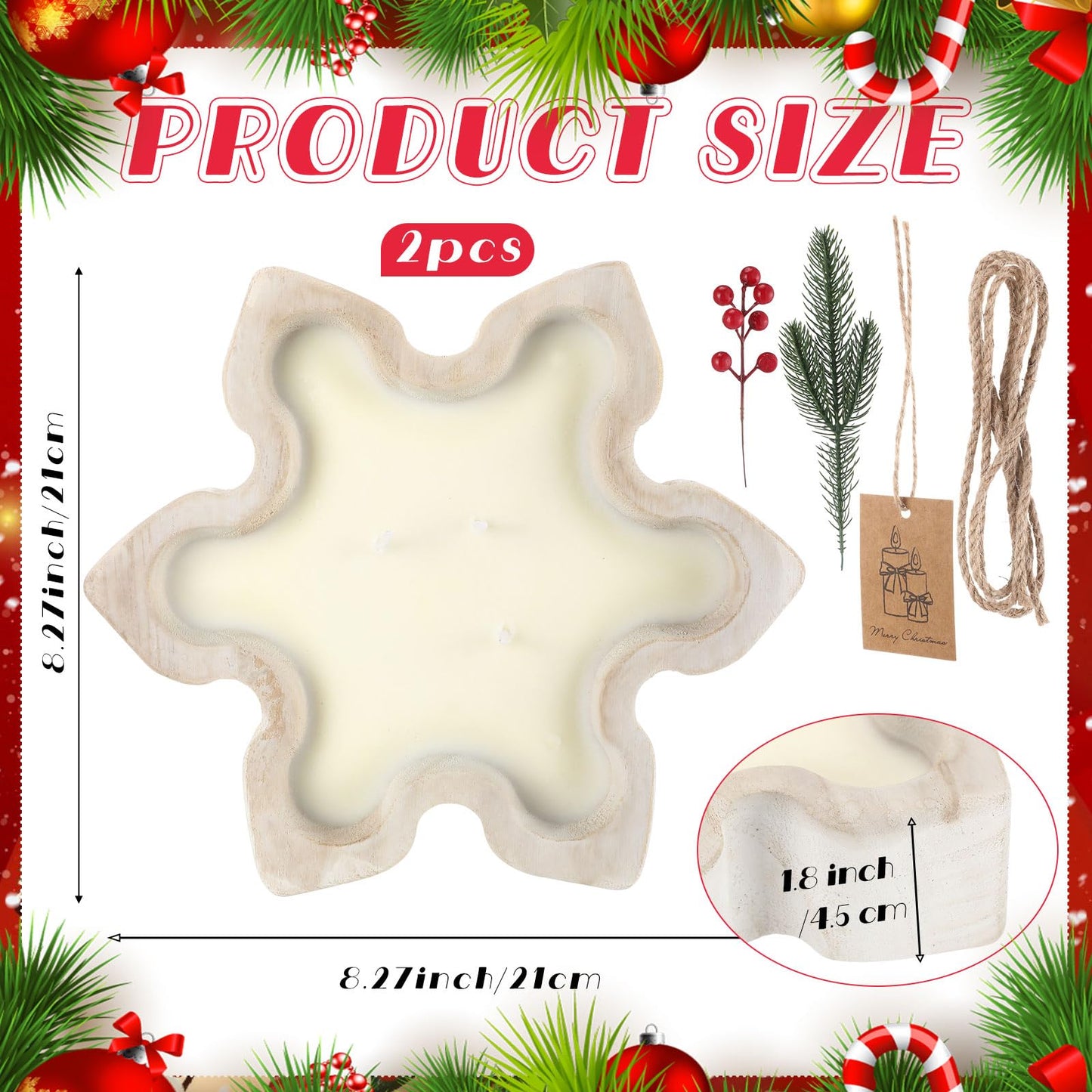MTLEE 2 Pack Christmas Wood Dough Bowl Candle Snowflake Wooden Candle Bowl 3 Wick Xmas Farmhouse Decoration with Berries Pine Label for Christmas Table Centerpiece Birthday Gift Home Party Decor