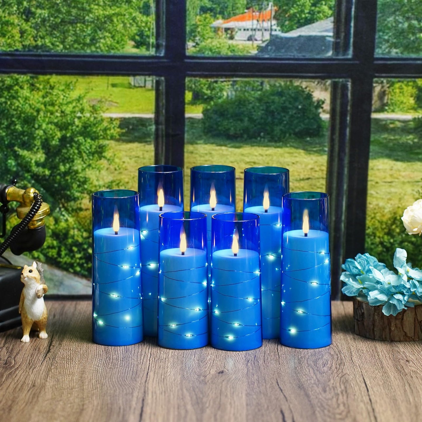 Flameless Candles,with Embedded Star String, Battery Operated Candles Flickering LED Pillar Candles with Remote Control and Timer, Home Decoration Add a Warm and Romantic Atmosphere，Set of 7 (Blue)