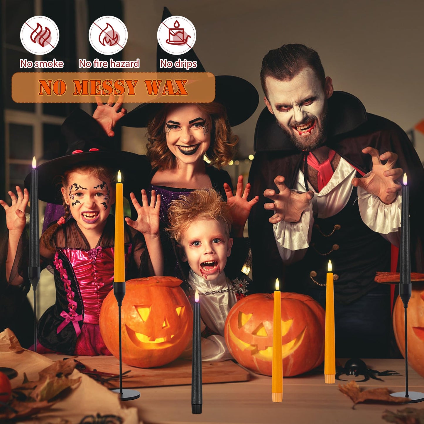AFINETH Orange and Black Flameless Taper Candles Flickering, Real Wax Halloween Candles with 2 Remote & Timer, Battery Operated Halloween Led Candle for Party Home Decor 6 Pack