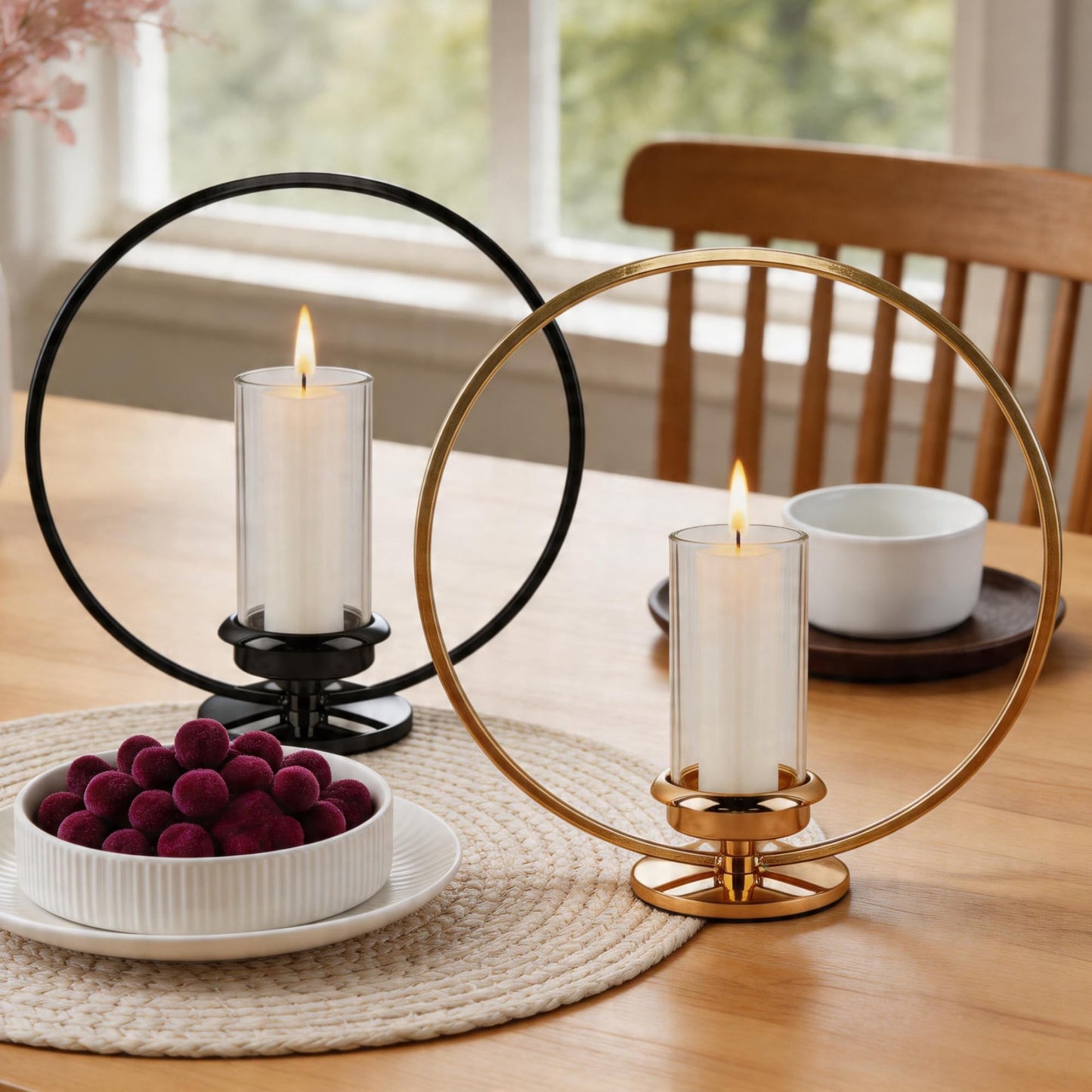 HiSnug Hurricane Candle Holders Set - Circular Metal Candlestick Holders with Glass Sleeve, 2PCS Simple Decorative Candleholder for Dining Table Centerpiece Shelf Home Decor, 2PCS, L+L, Gold