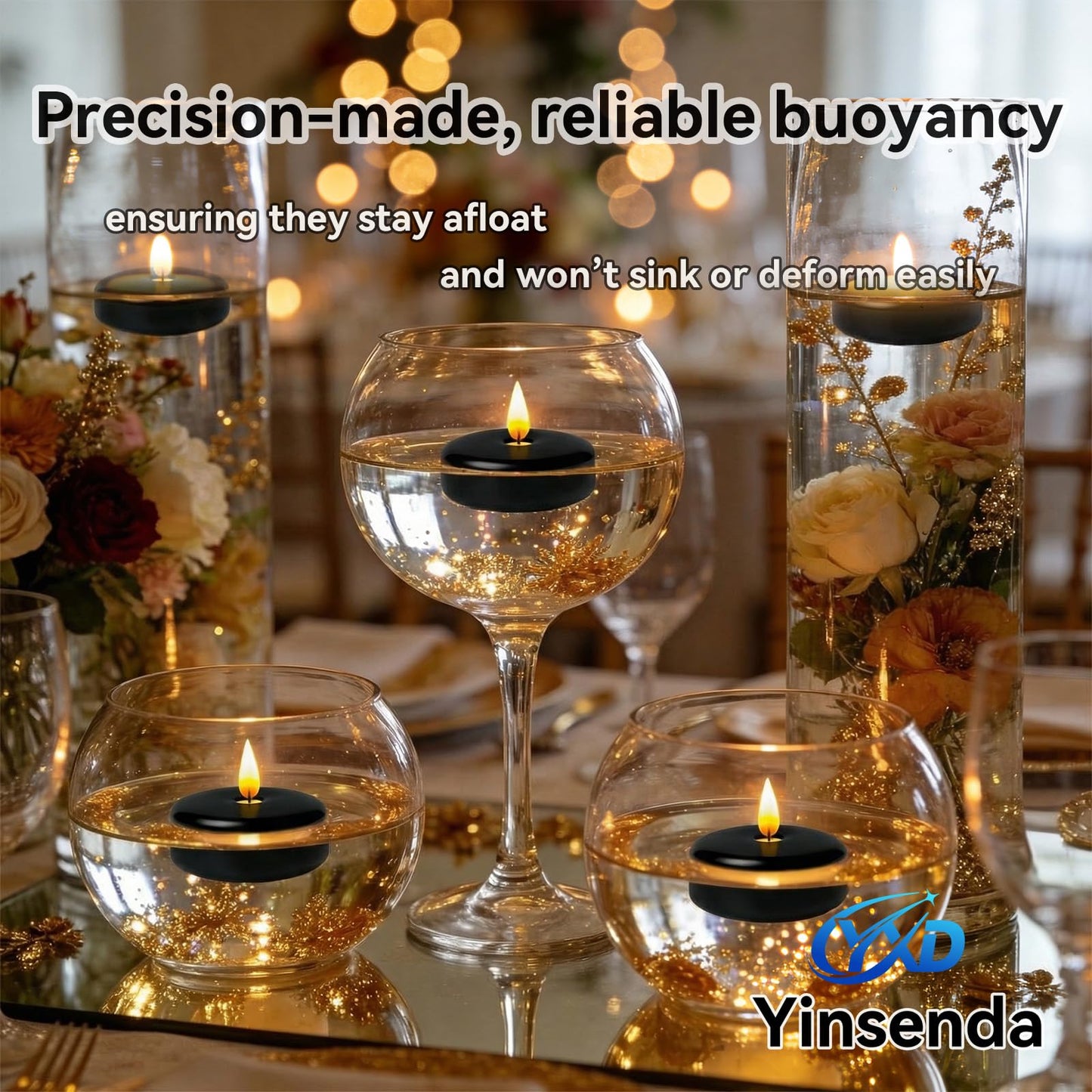 Yinsenda 12 Pack Black Floating Candles - 3 Inch Unscented Round Candles, 7-9 Hrs Long Burning for Cylinder Vases, Wedding Centerpieces, Parties & Bath Décor