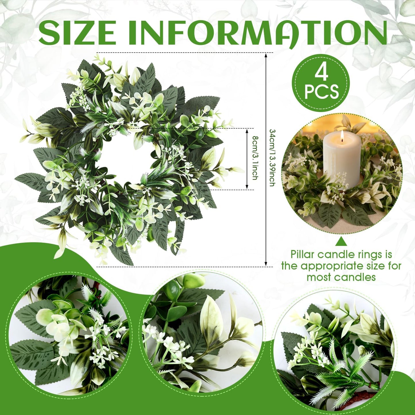 4 Pcs Eucalyptus Candle Ring 4 Inch Center Mini Kitchen Cabinet Wreaths Artificial Small Green Leaves Wreaths Garland Pillar Holder for Home Door Window Farmhouse Wedding Party Table Centerpiece Decor