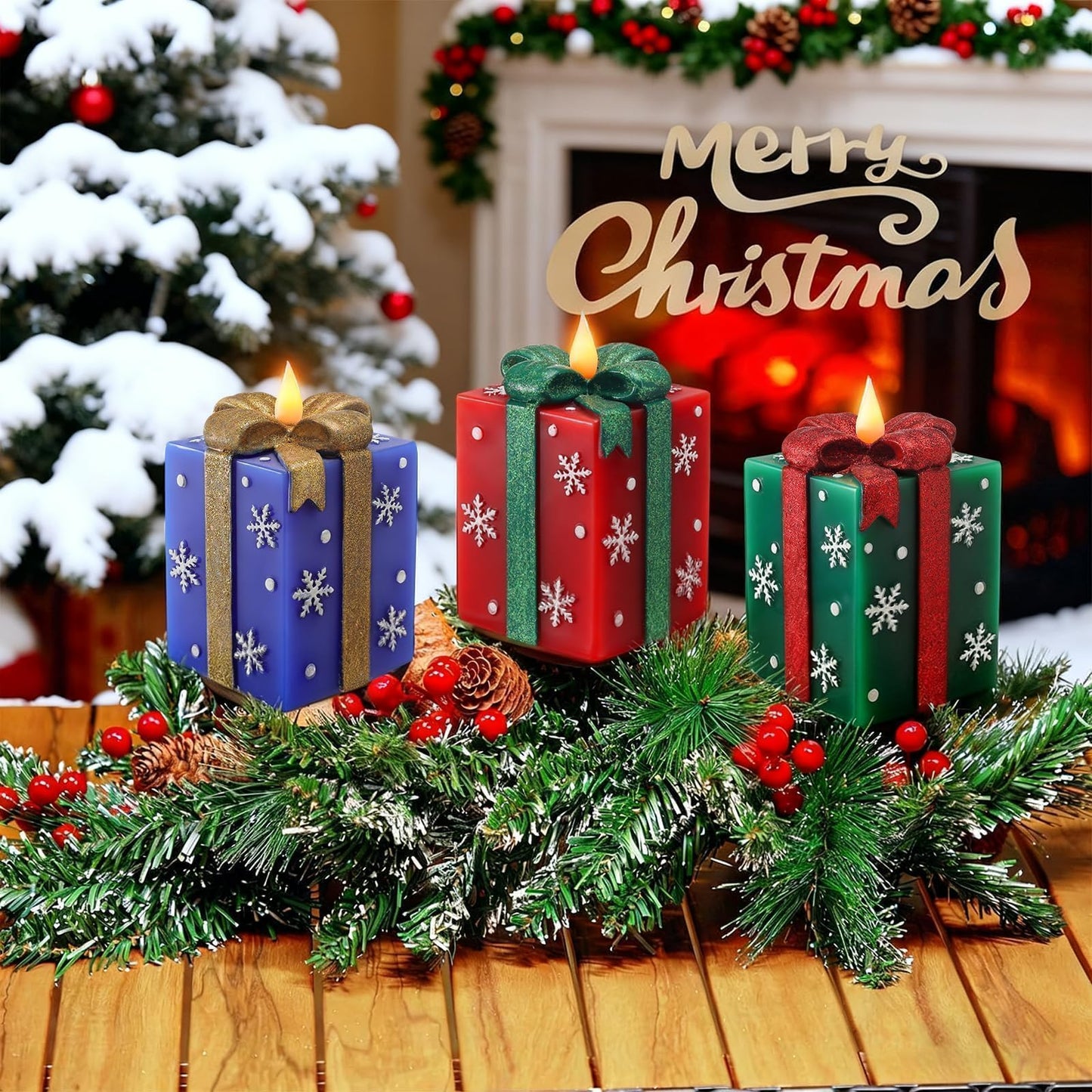 LCZLUMIPRO 3 Pcs Elegant Gift Box Flameless Candles with Remote Timer - Hand-Painted Real Wax LED Candles, Battery Operated for Christmas, Home, Party Decor (Red/Green/Blue)