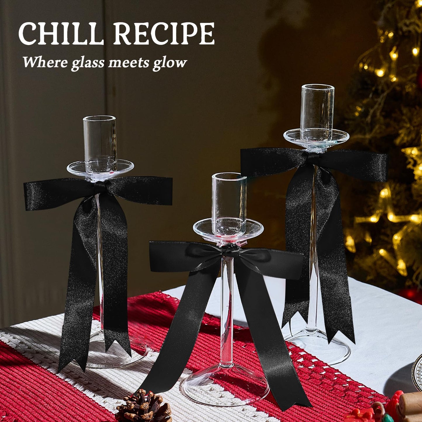 CHILL RECIPE Bow Candle Holder Glass Taper Candlestick Holders with Built-in Candle Drip Protectors Bows Decor for Table Centerpiece Wedding Party Halloween(Black)