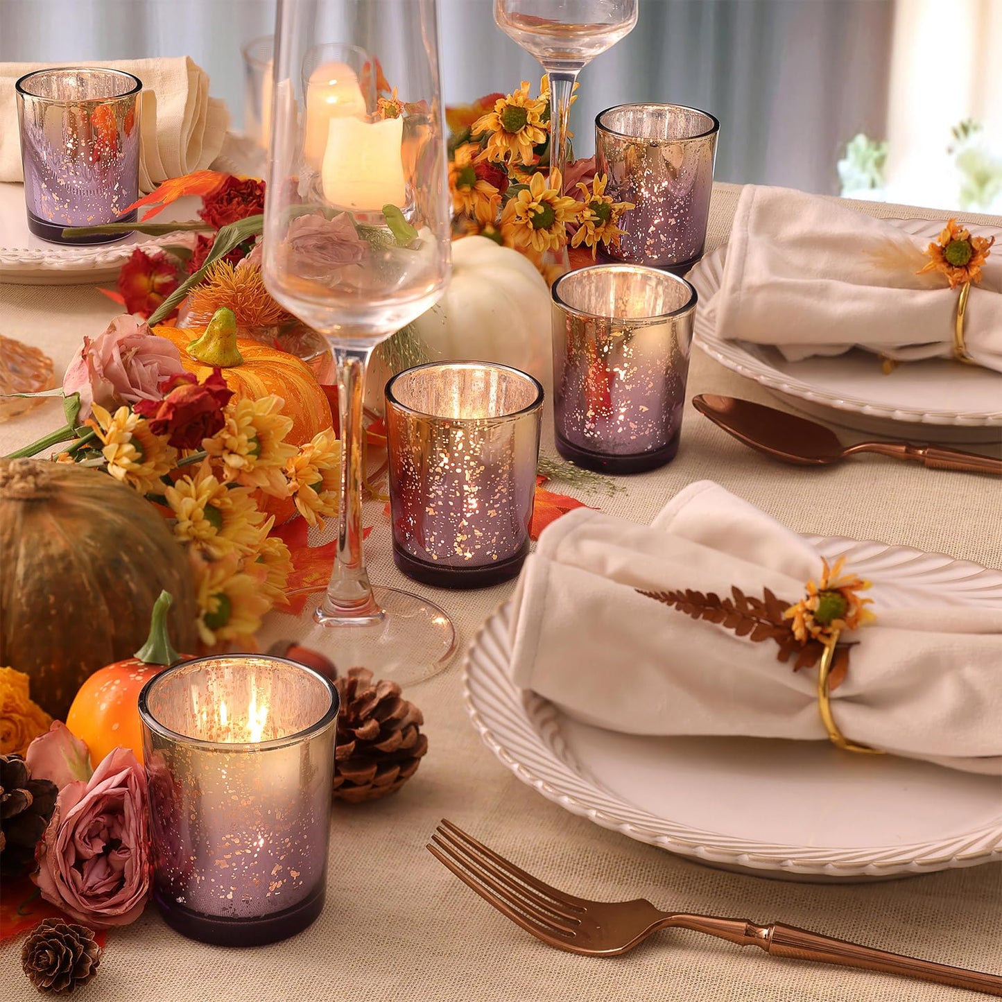 Volens Purple Votive Candle Holders Set of 12, Speckles Mercury Glass Tealight Candle Holder Bulk for Table Wedding Centerpiece, Purple and Gold Party Decorations & Home Decor