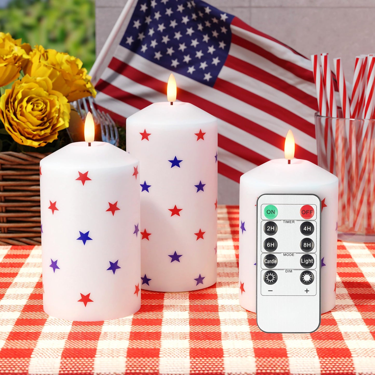 AFINETH Patriotic Red White and Blue Star Candles, Real Wax 4th of July Led Candles, Flickering Flameless Candles with Remote, Memorial Day Flameless Pillar Candles for Patriotic Holiday Decor