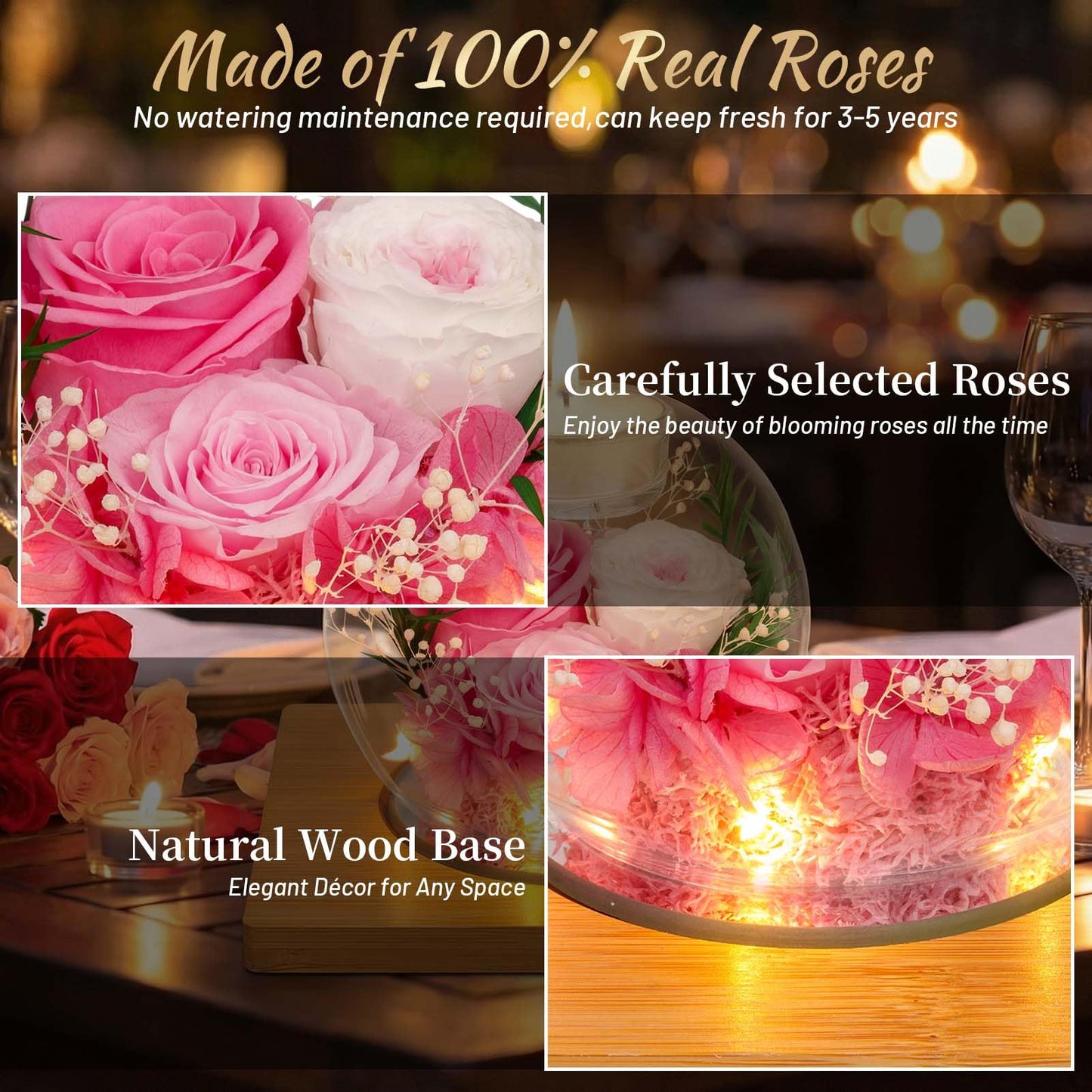 ENERLEAF Preserved Pink Real Rose in Glass with Scented Candles – Forever Flower Romantic Anniversary Christmas Birthday Valentines for Mom, Women, Wife, Girlfriend, Her, Grandma