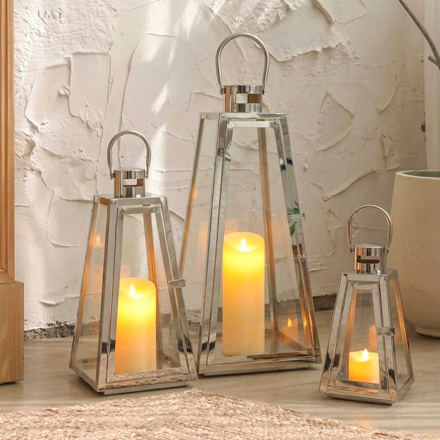 TRIROCKS Set of 3 Stainless Steel Candle Lantern 21''&16''&11'' High Metal Candle Holder with Tempered Glass Panels for Christmas Home Decor Living Room Parties Events Indoors Outdoors (Silver