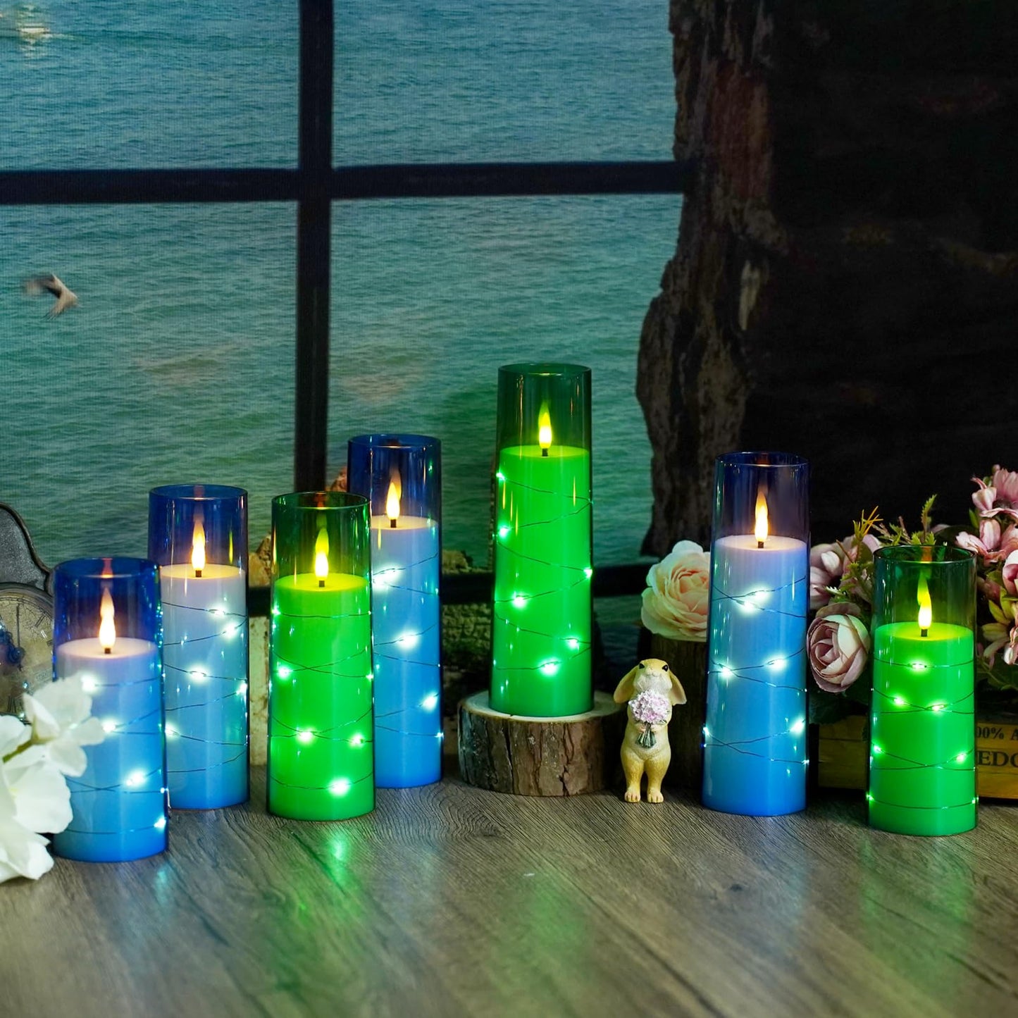 kakoya Flameless LED Candles with Timer 9 Pc Flickering Flameless Candles for Romantic Ambiance and Home Decoration Stable Acrylic Shell,with Embedded Star String，Battery Operated Candles（Green）